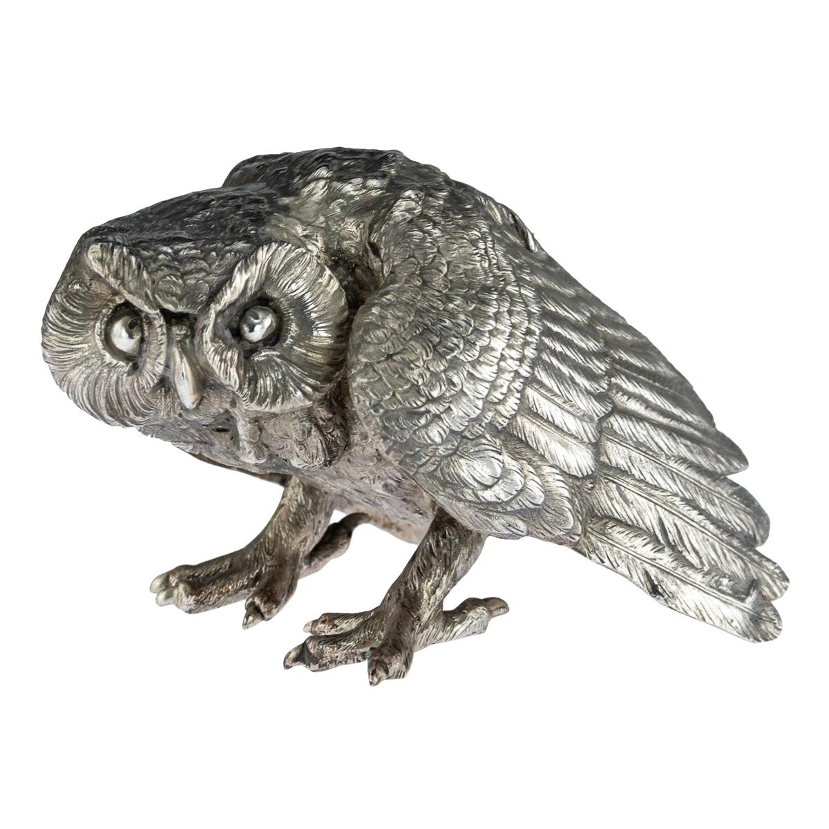 19th Century German Solid Silver Model of a Prowling Owl, Hanau, circa 1890