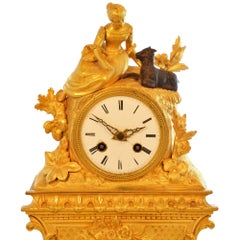 Antique 19th Century Gilded Mantle Desk Clock with Girl and Goat