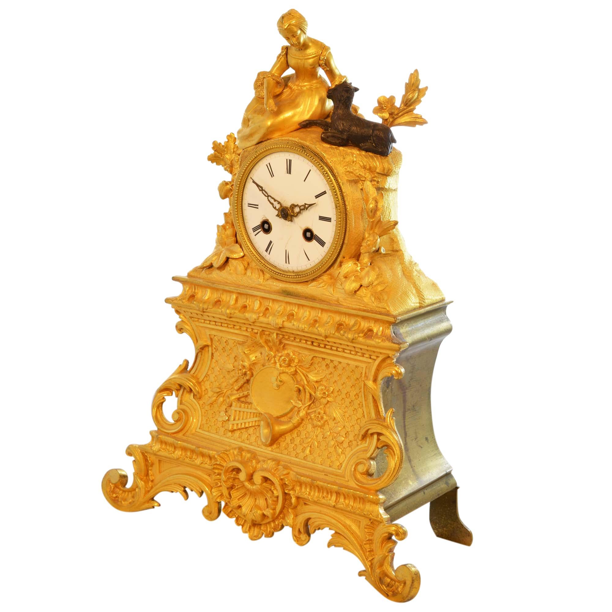Napoleon III Antique 19th Century Gilded Mantle Desk Clock with Girl and Goat For Sale