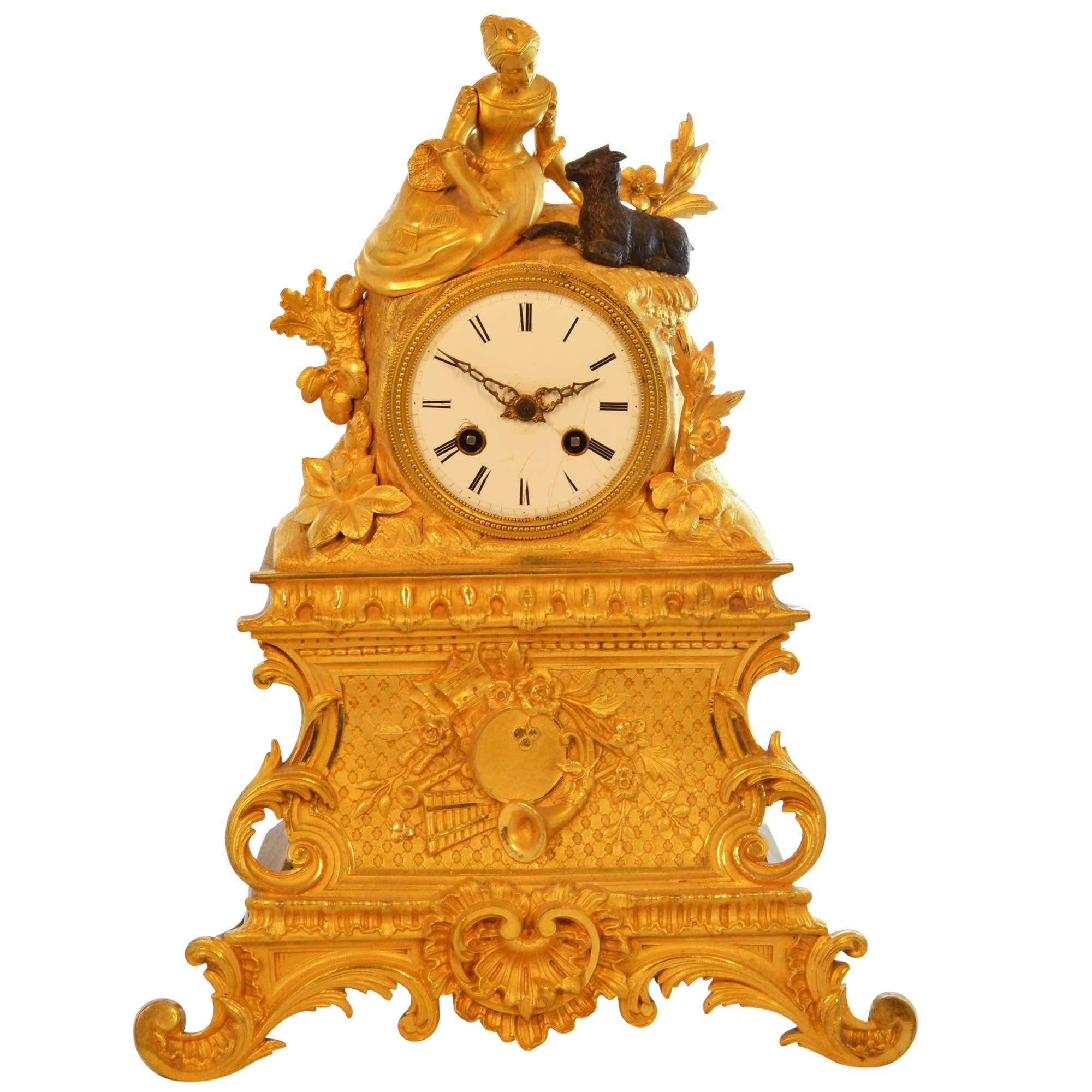 Antique 19th Century Gilded Mantle Desk Clock with Girl and Goat In Good Condition For Sale In Pataskala, OH
