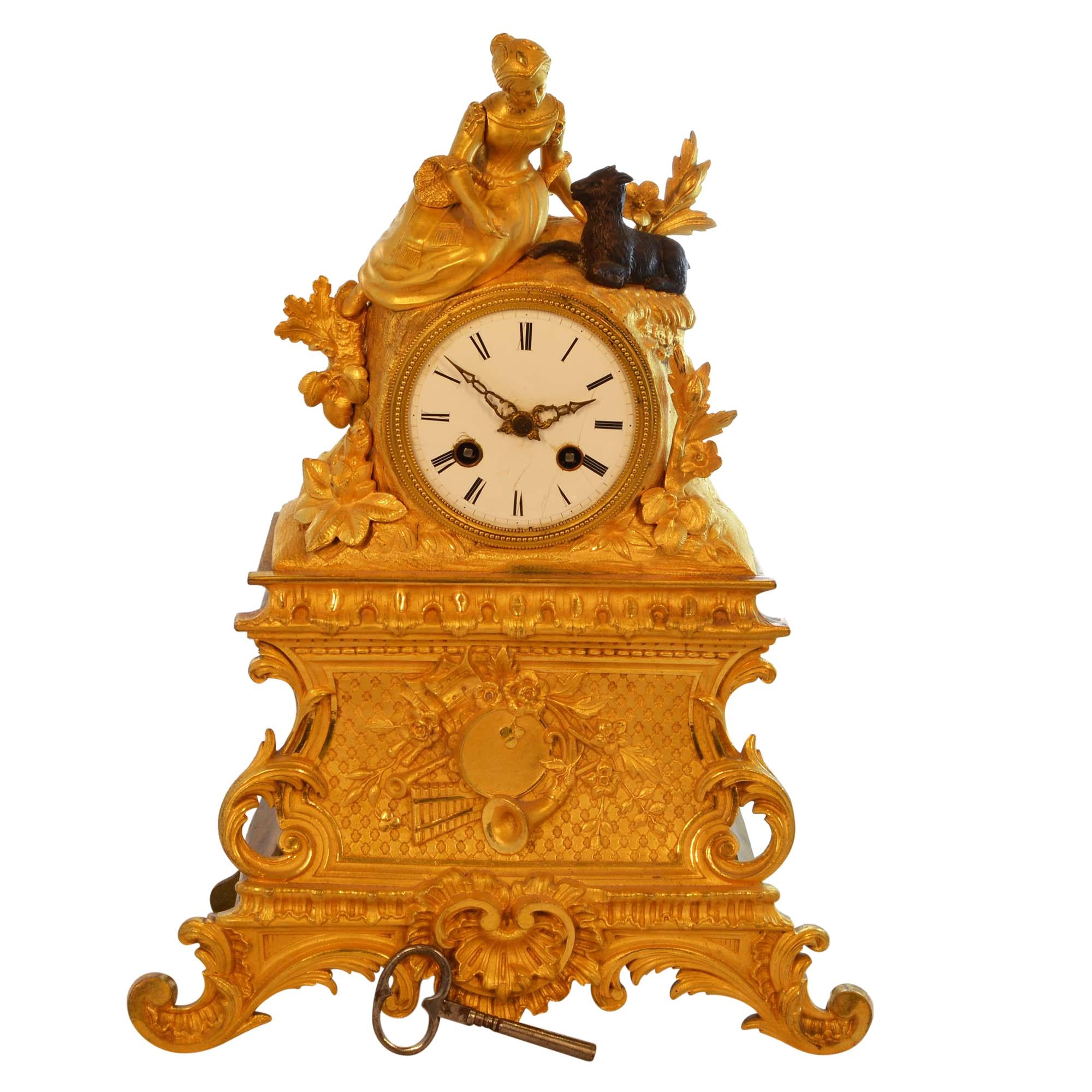Antique 19th Century Gilded Mantle Desk Clock with Girl and Goat For Sale