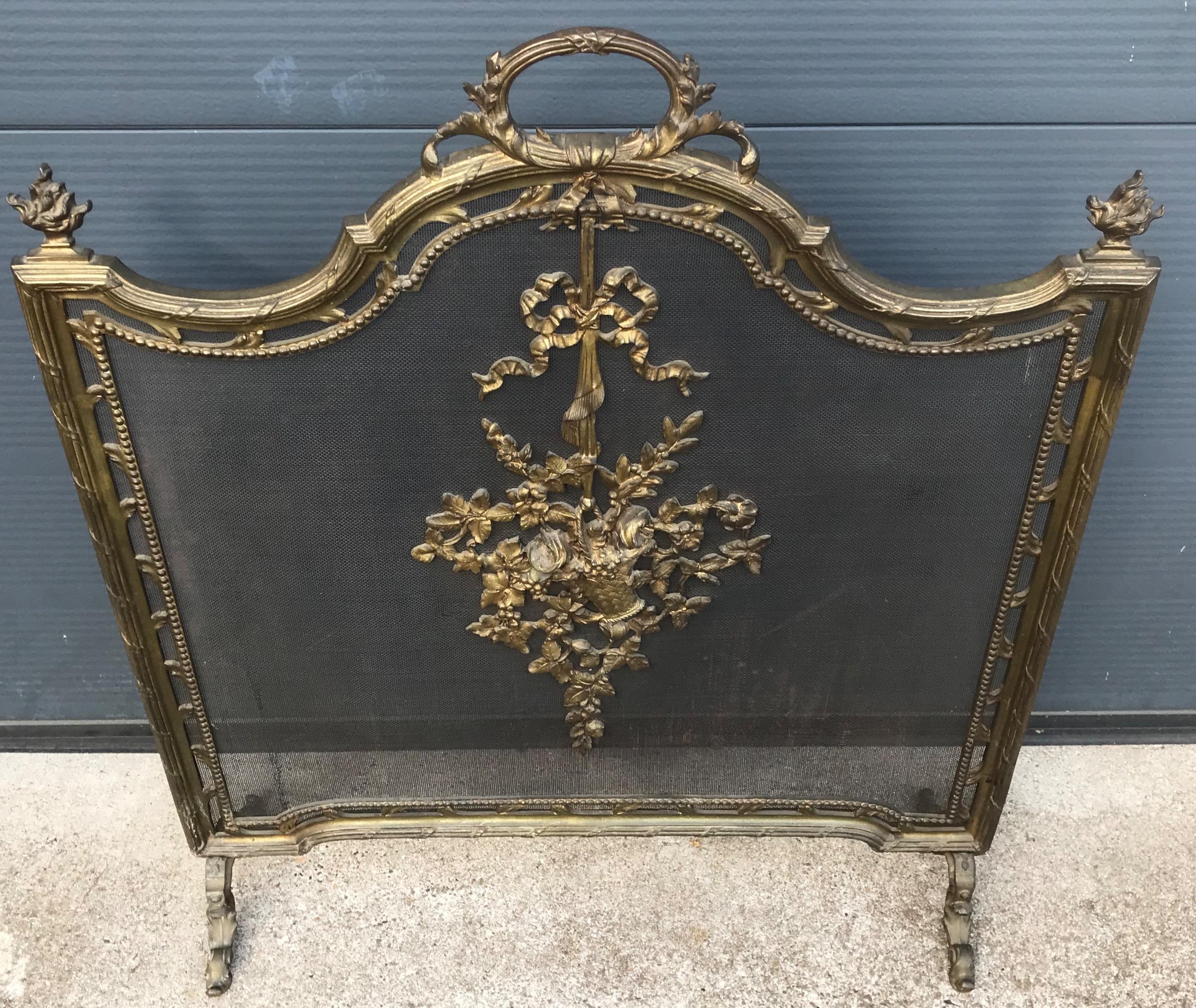Antique 19th Century Gilt Bronze and Wrought Iron Firescreen with Mint Wire Mesh 7