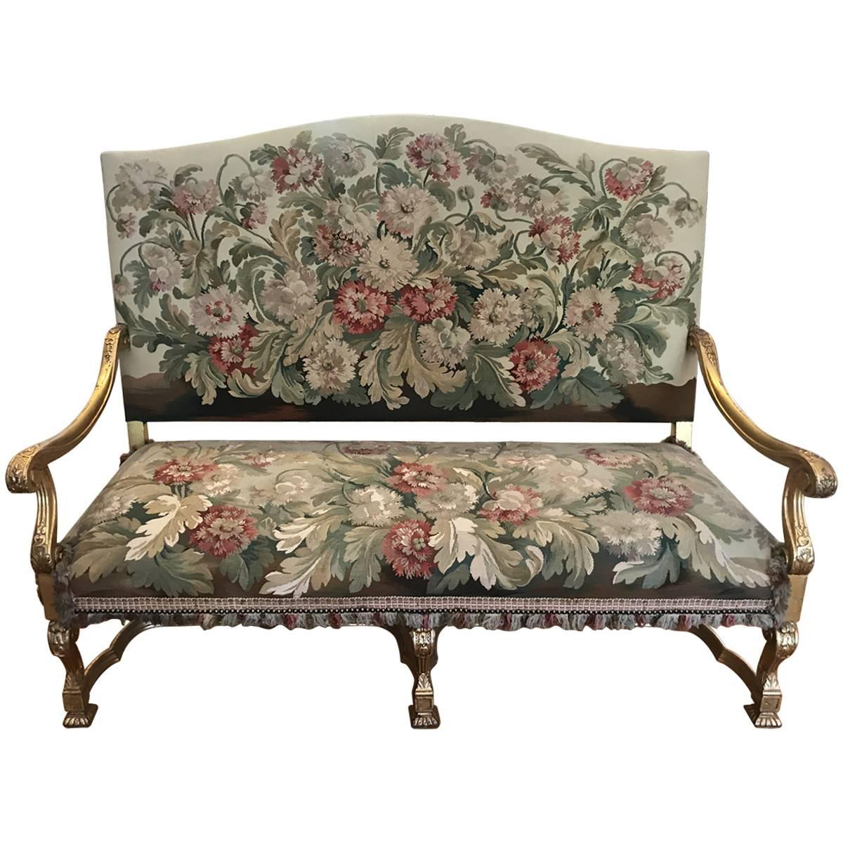 Antique 19th Century Giltwood and Handmade Tapestry Settee For Sale