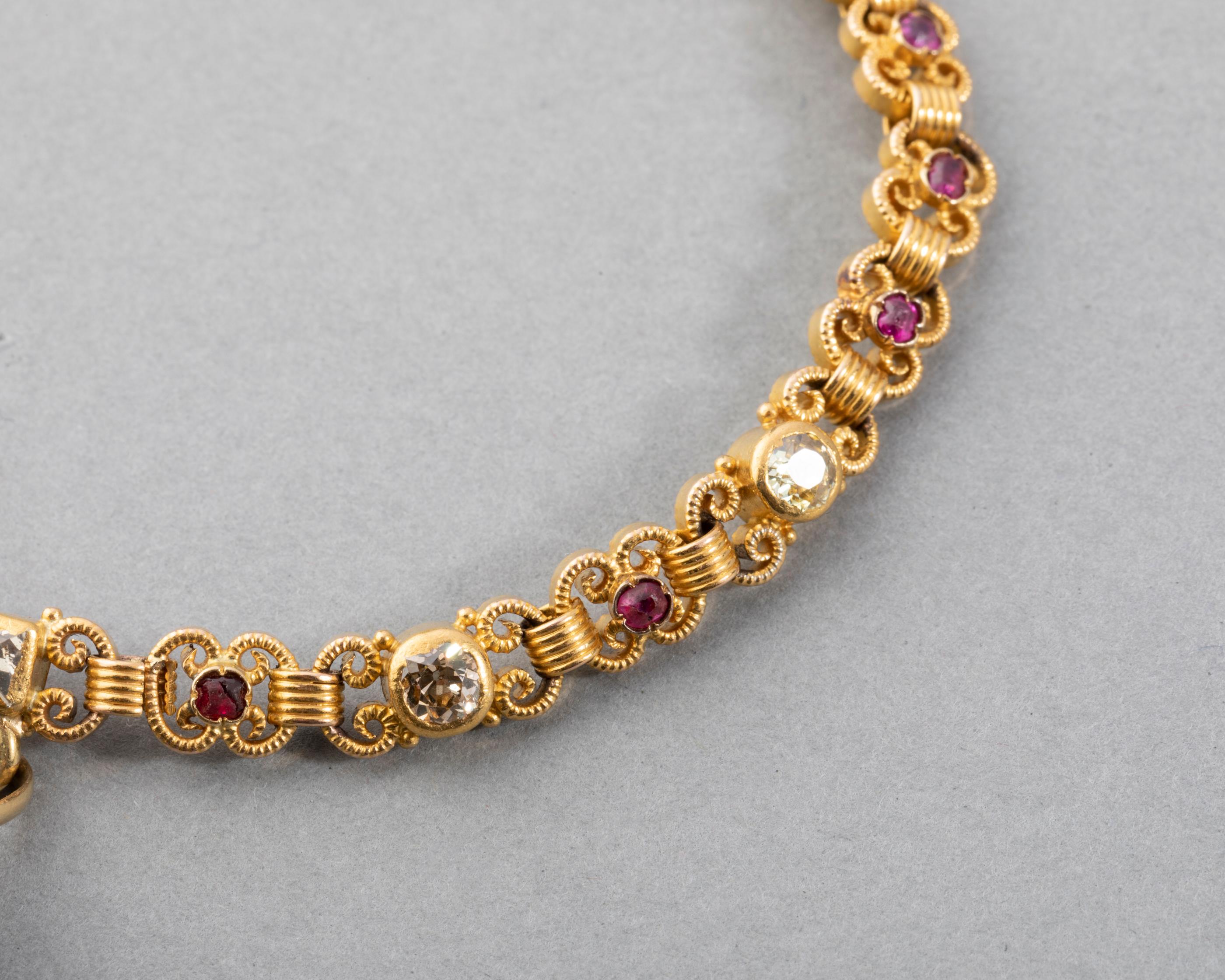 Old Mine Cut Antique 19th Century Gold and Precious Stones French Bracelet