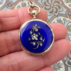 Antique 19th Century Gold Enamel Guilloché Locket Pendant with Rose-Cut Diamonds