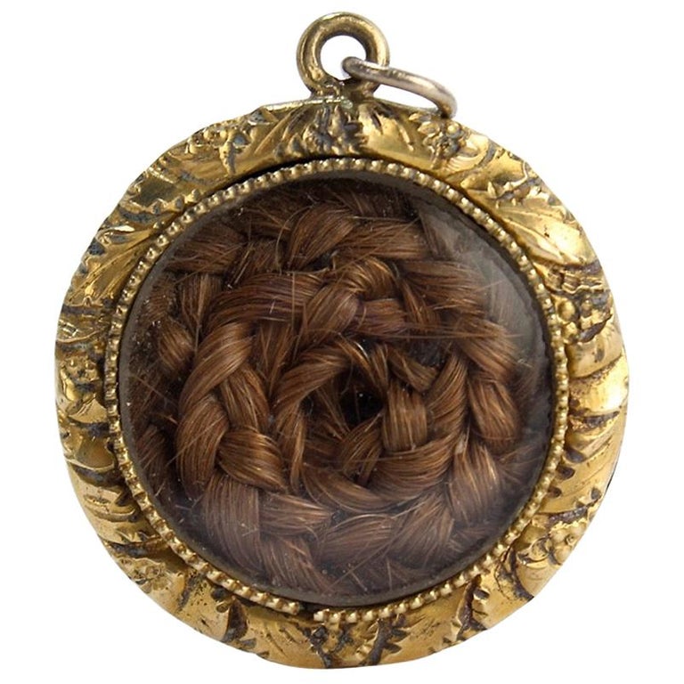 Antique 19th Century Gold Filled Mourning Pendant with Braided Woven Hair For Sale