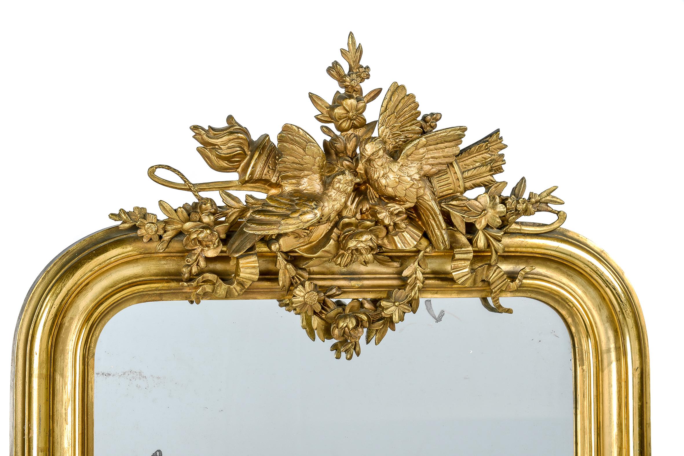 Gilt Antique 19th Century Gold Louis Philippe Mirror with an Ornate Crest