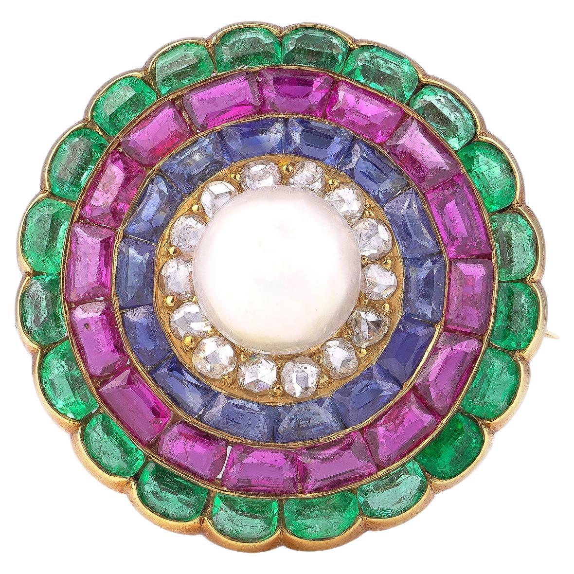 Antiguo Broche de Oro del Siglo XIX con Múltiples Gemas y Perlas Naturales