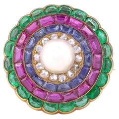 Antique 19th Century Gold Multi Gem & Natural Pearl Brooch
