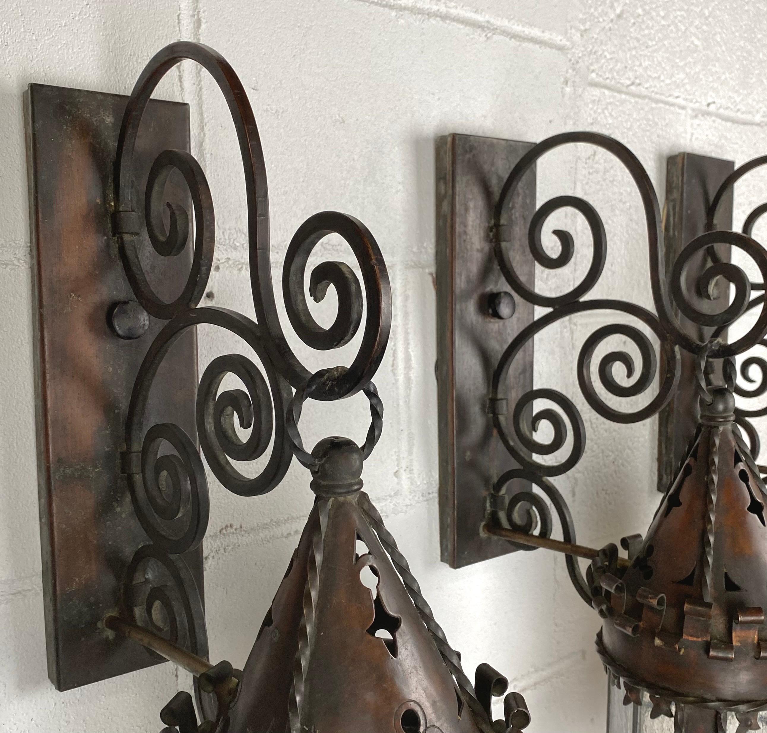 Antique 19th Century Gothic Spanish Revival Hand-Forged Wall Sconces, Set of 3 For Sale 14