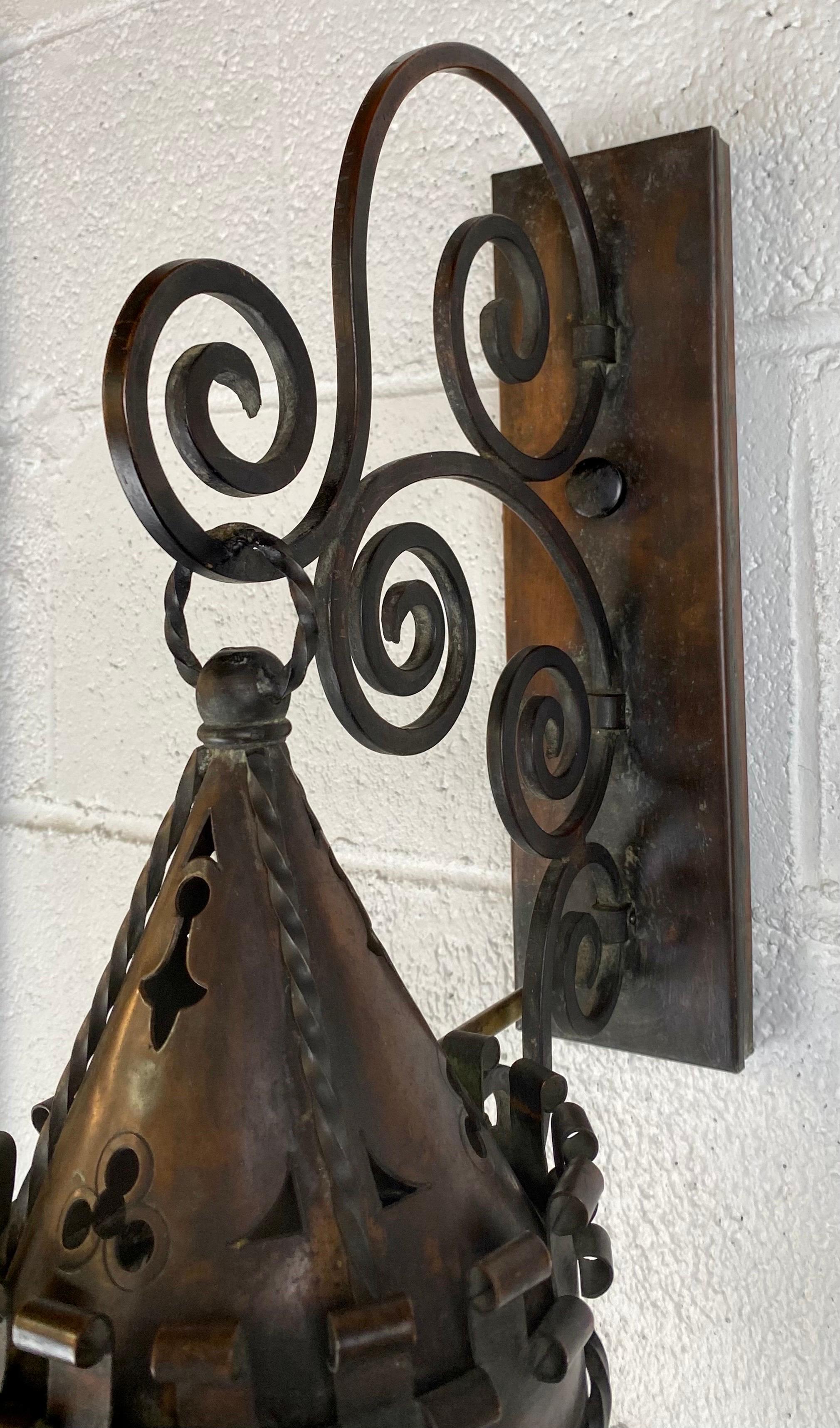 Antique 19th Century Gothic Spanish Revival Hand-Forged Wall Sconces, Set of 3 For Sale 2