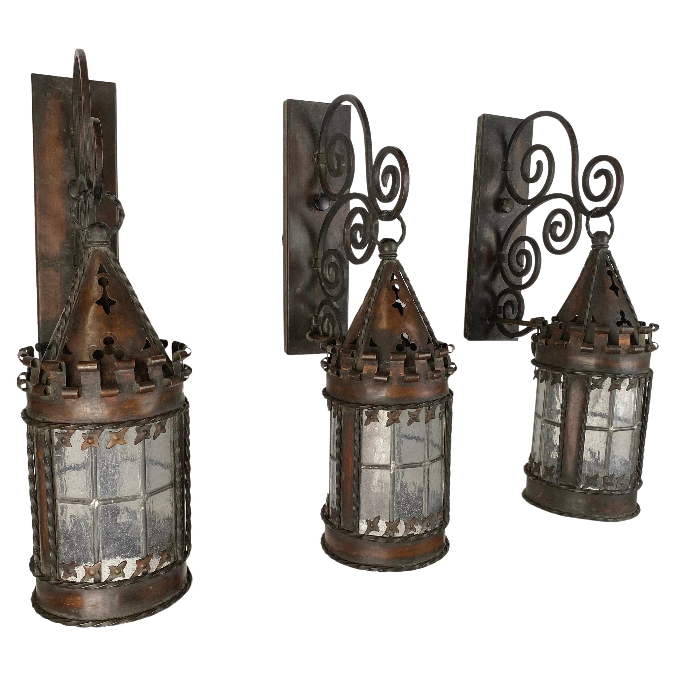 Antique 19th Century Gothic Spanish Revival Hand-Forged Wall Sconces, Set of 3 For Sale