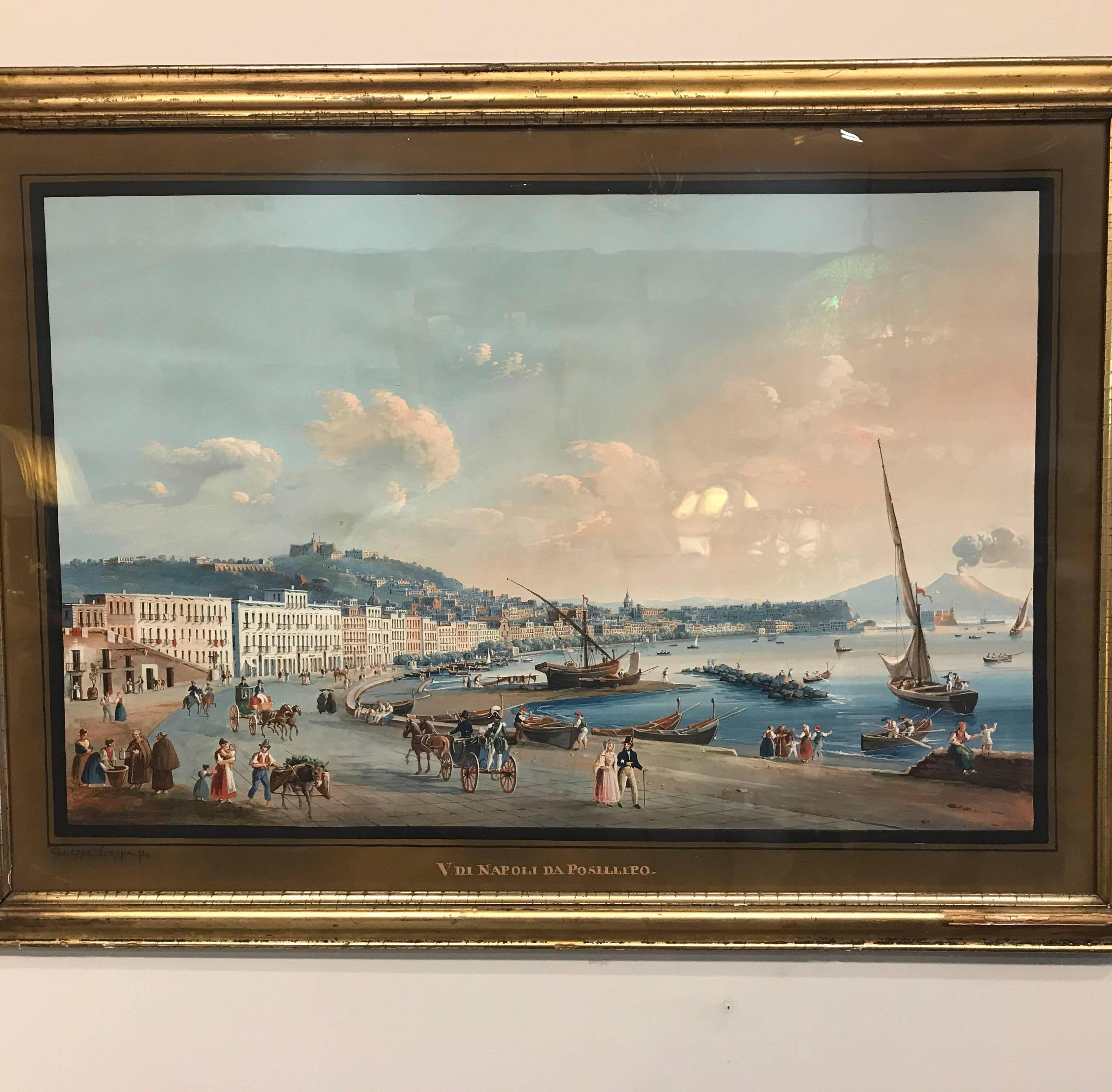 A maritime gouache painting by exceptionally skilled artist Scoppa. Son of Raimondo Scoppa (1820-1890), a professor at the Academy of Fine Arts in Naples. The beautiful painting is in its original gilt frame with original protective glass. Framed 31