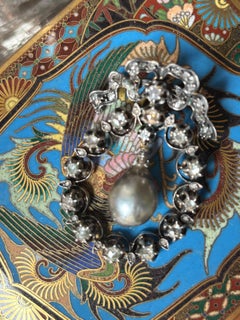 Antica spilla a fiocco con perla grigia e diamante/pendente del XIX secolo, rapporto GIA