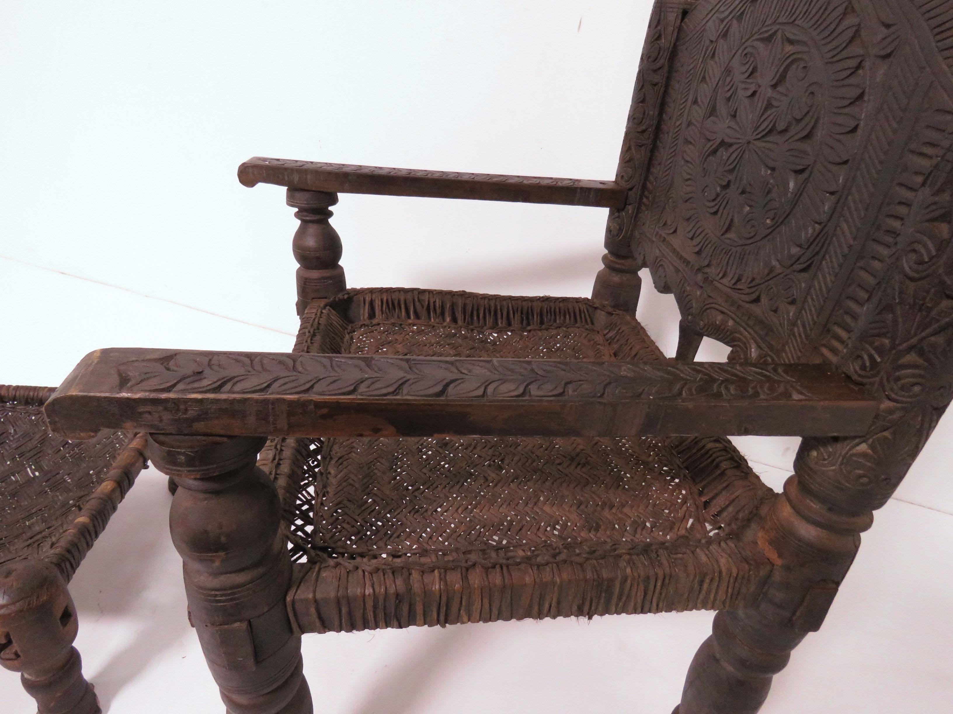 Tribal Antique 19th Century Hand Carved Afghan Chief's Chair with Stool