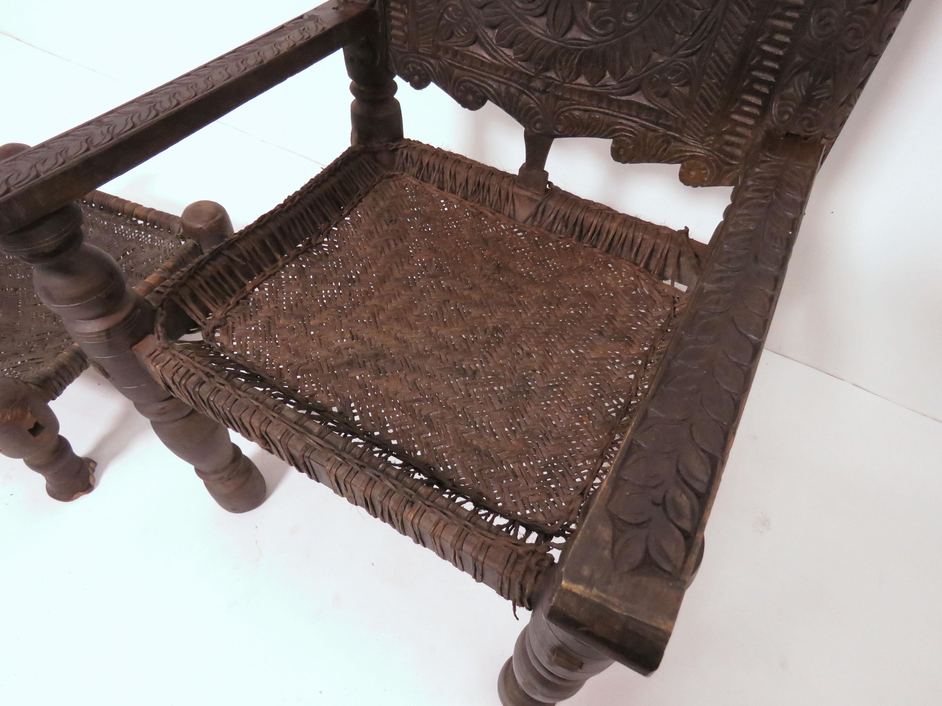 Hide Antique 19th Century Hand Carved Afghan Chief's Chair with Stool