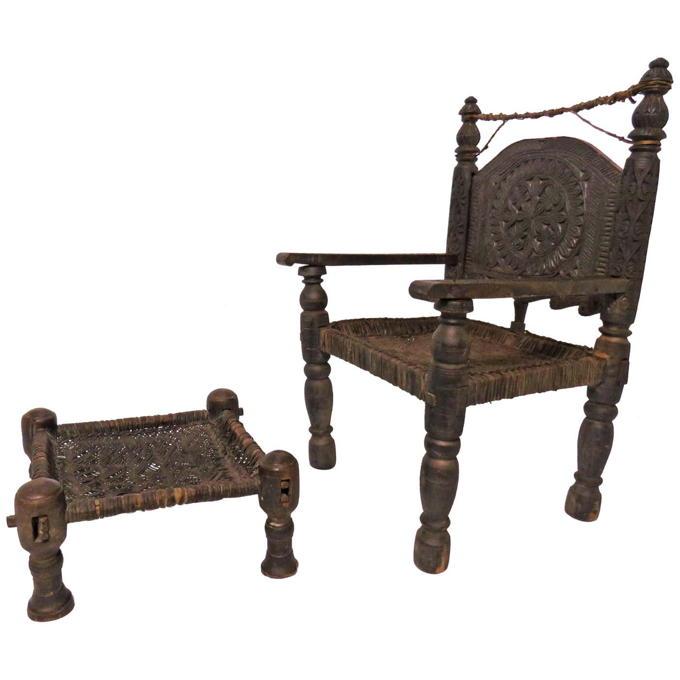 Antique 19th Century Hand Carved Afghan Chief's Chair with Stool at ...