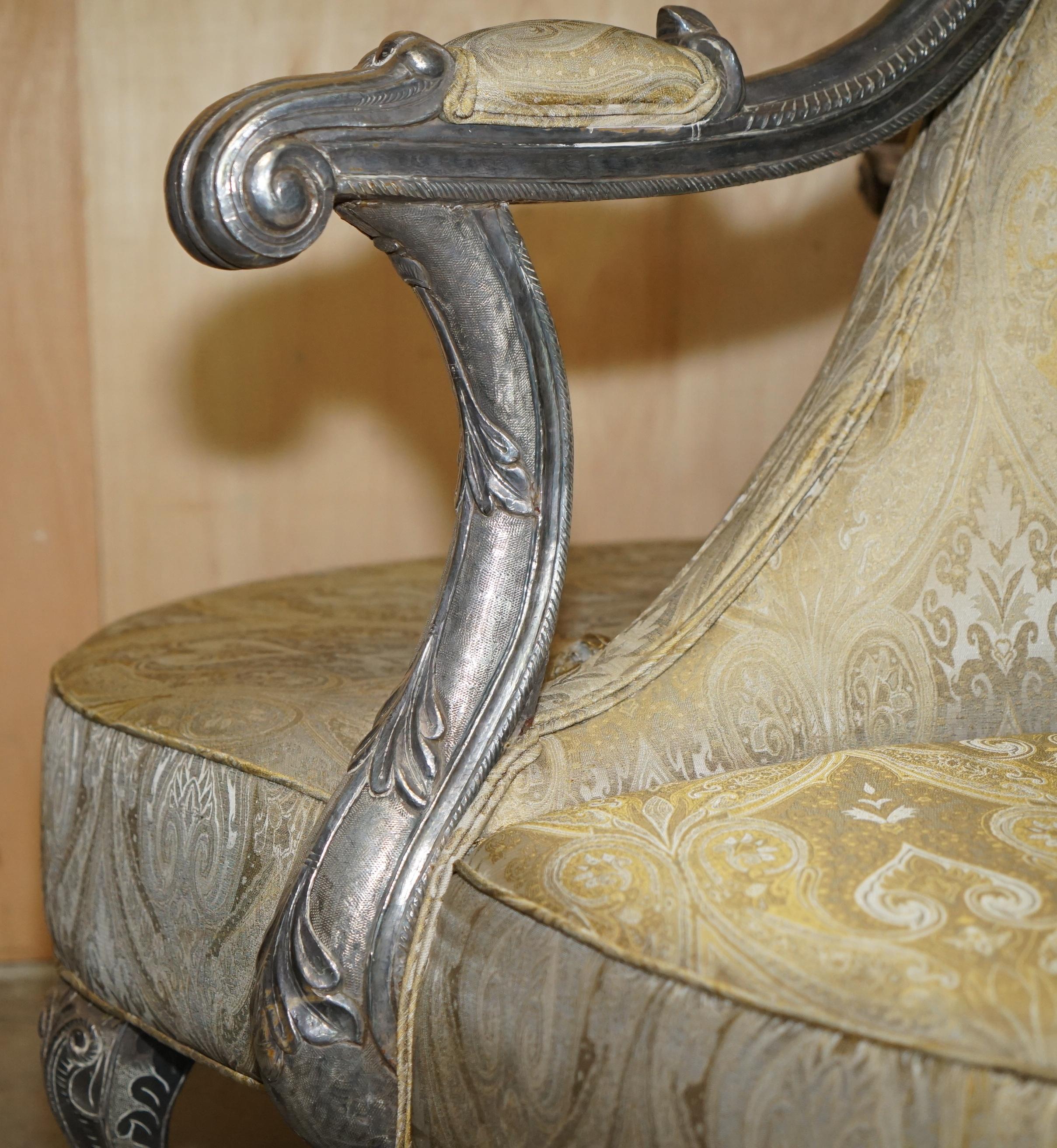 ANTIQUE 19TH CENTURY HAND CARVED SiLVER METAL WRAP TETE A TETE CONVERSATION SOFA For Sale 2