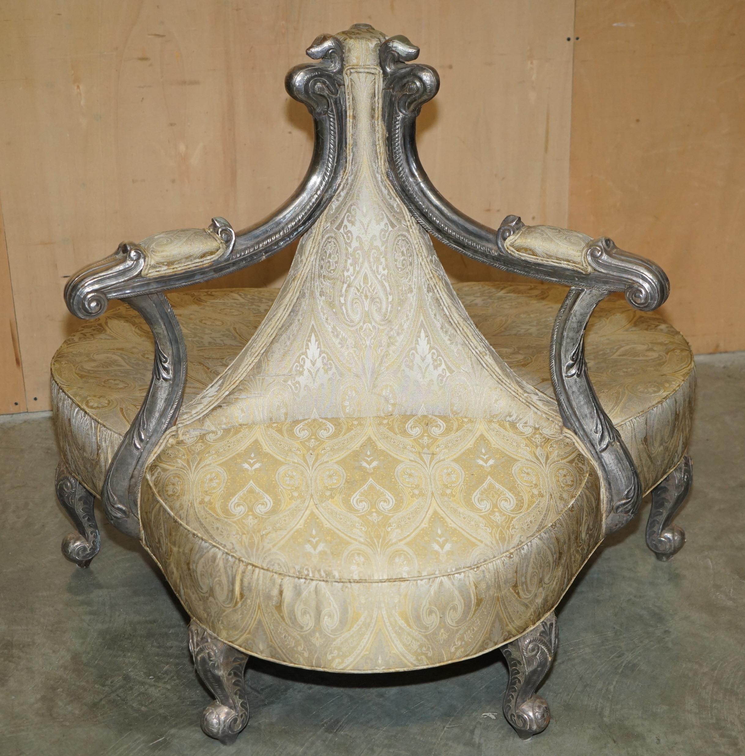 ANTIQUE 19TH CENTURY HAND CARVED SiLVER METAL WRAP TETE A TETE CONVERSATION SOFA For Sale 10