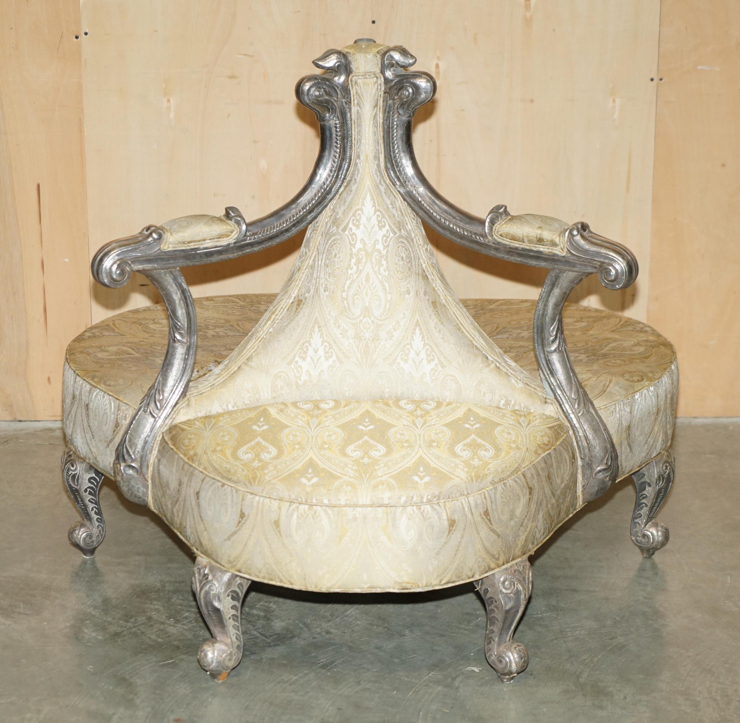 Victorian ANTIQUE 19TH CENTURY HAND CARVED SiLVER METAL WRAP TETE A TETE CONVERSATION SOFA For Sale