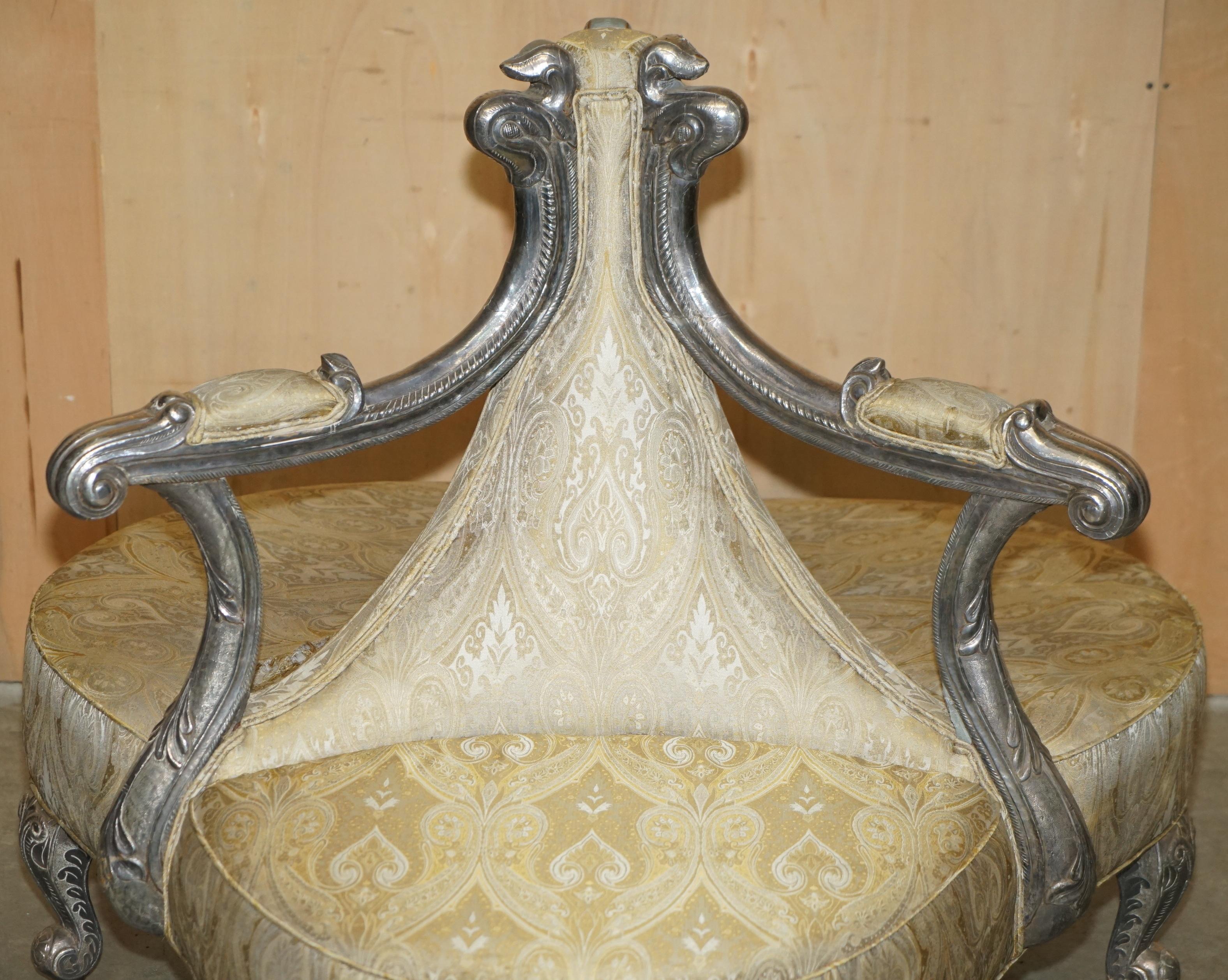 European ANTIQUE 19TH CENTURY HAND CARVED SiLVER METAL WRAP TETE A TETE CONVERSATION SOFA For Sale