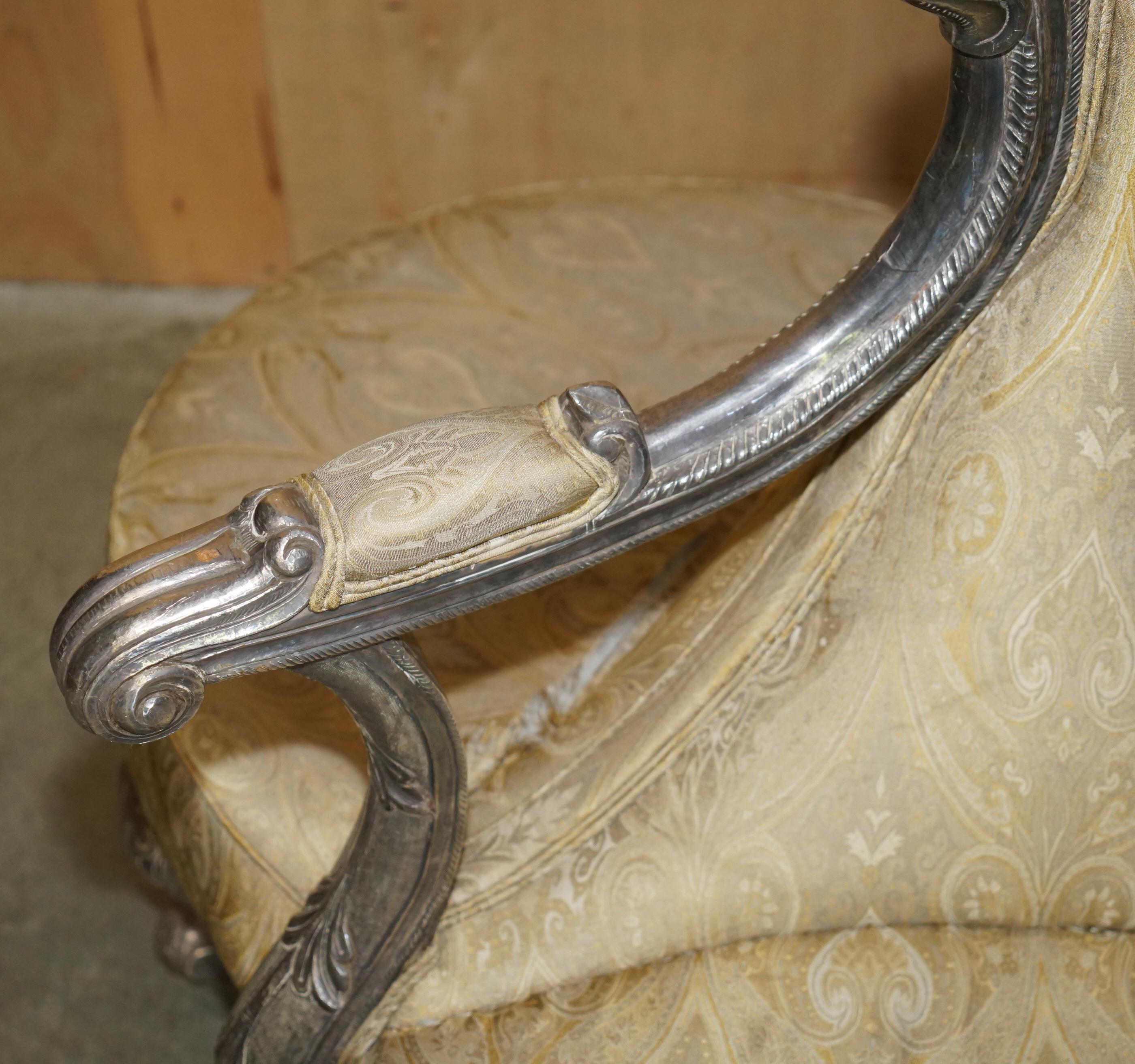 Upholstery ANTIQUE 19TH CENTURY HAND CARVED SiLVER METAL WRAP TETE A TETE CONVERSATION SOFA For Sale
