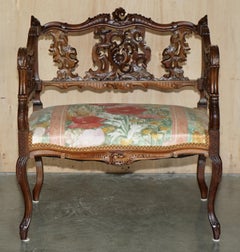 ANTiQUE 19TH CENTURY HAND CARVED WALNUT FRENCH CANAPE ARMCHAIR FLORAL UPHOLSTERY