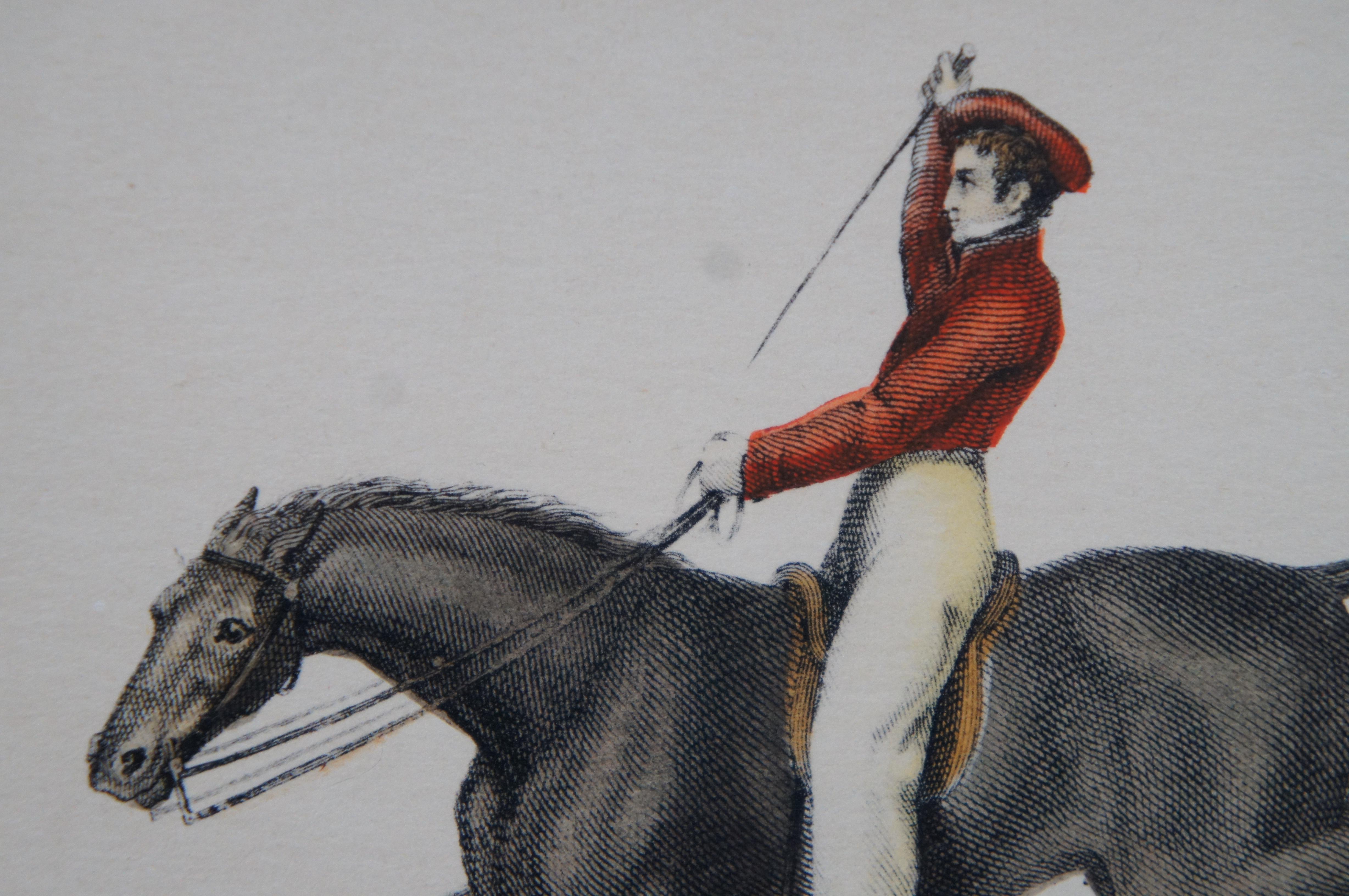 Gravure ancienne du 19ème siècle, colorée à la main, représentant un saut de cheval équestre 9 pouces 4