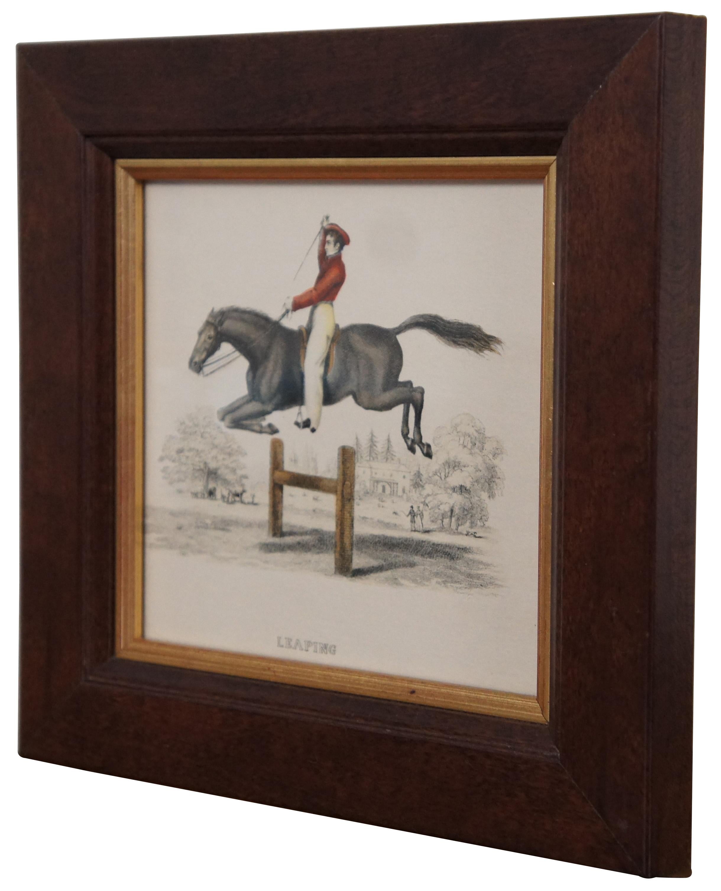 Gravure équestre ancienne du 19e siècle, coloriée à la main, intitulée 