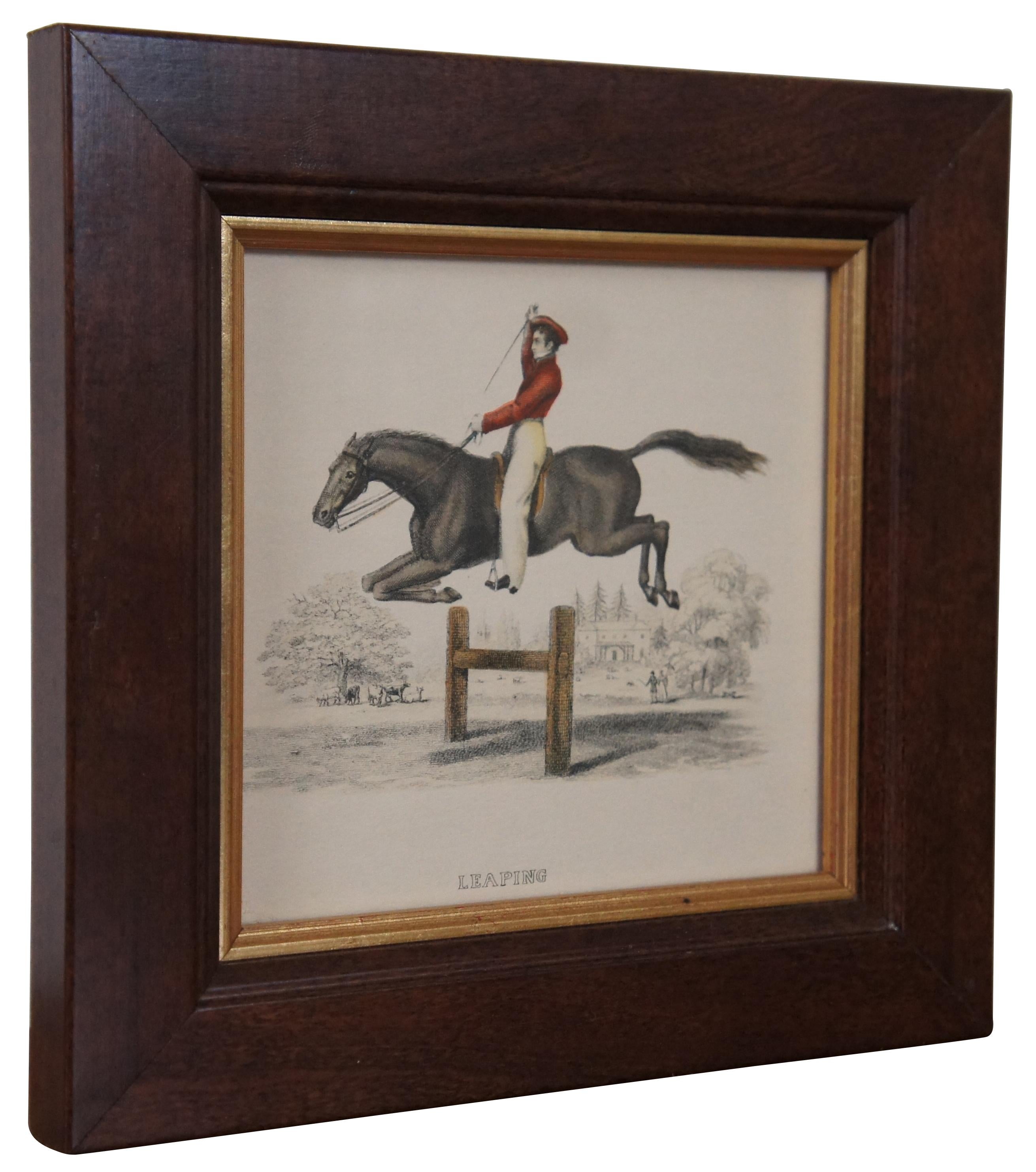 Victorien Gravure ancienne du 19ème siècle, colorée à la main, représentant un saut de cheval équestre 9 pouces