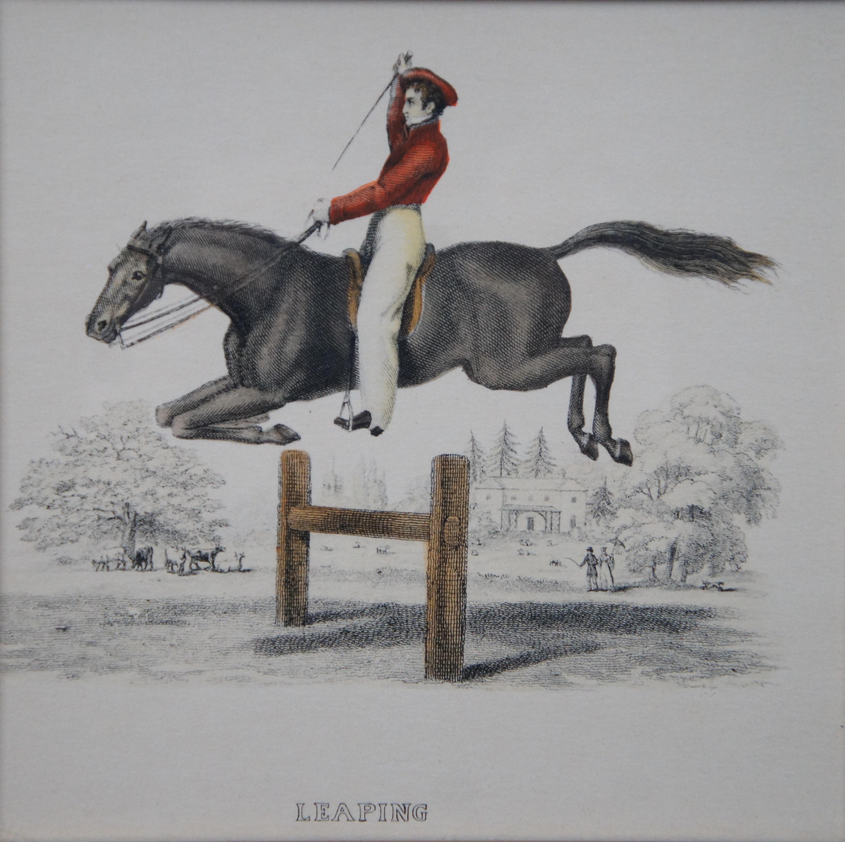 XIXe siècle Gravure ancienne du 19ème siècle, colorée à la main, représentant un saut de cheval équestre 9 pouces