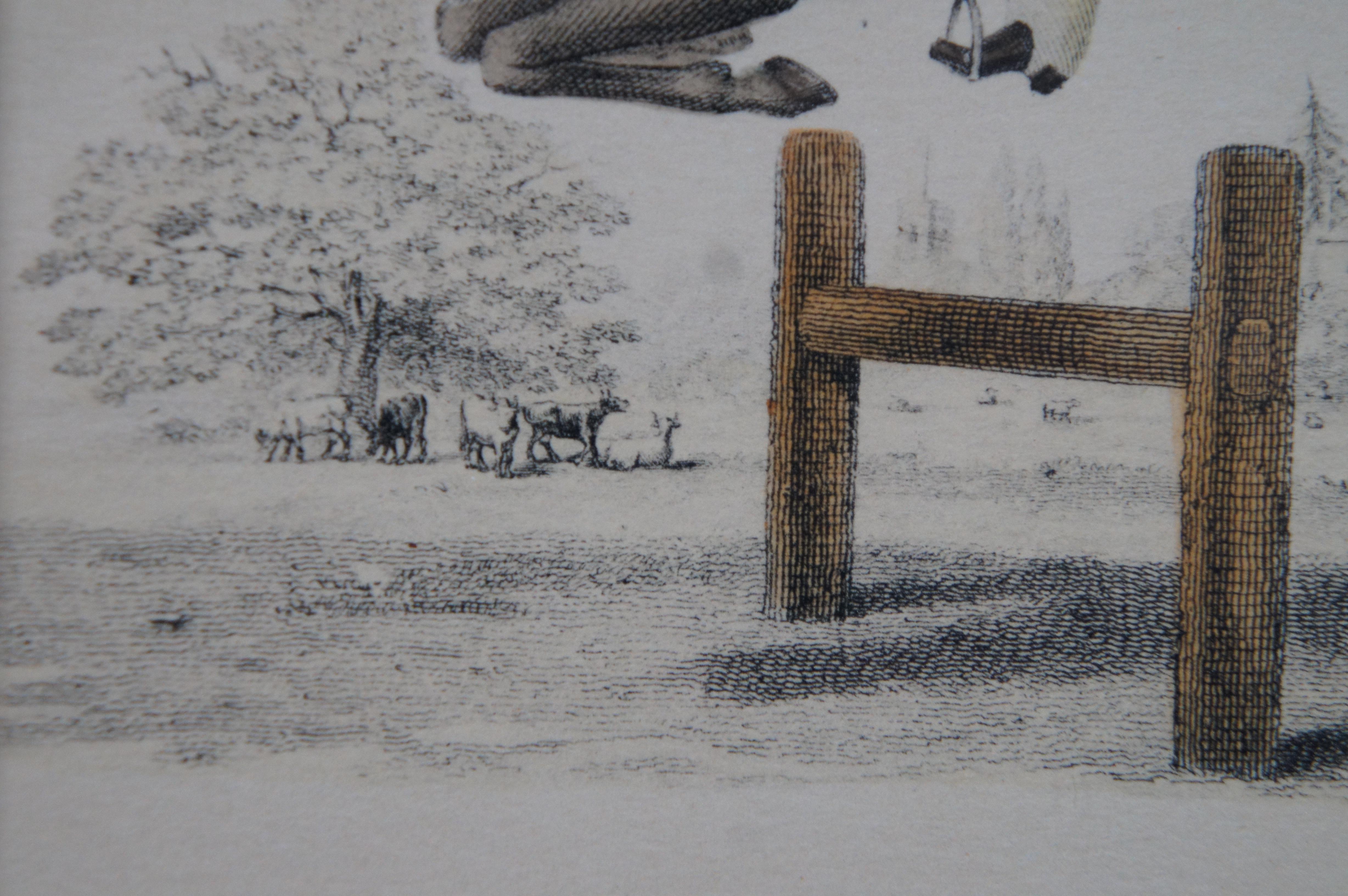 Gravure ancienne du 19ème siècle, colorée à la main, représentant un saut de cheval équestre 9 pouces 2