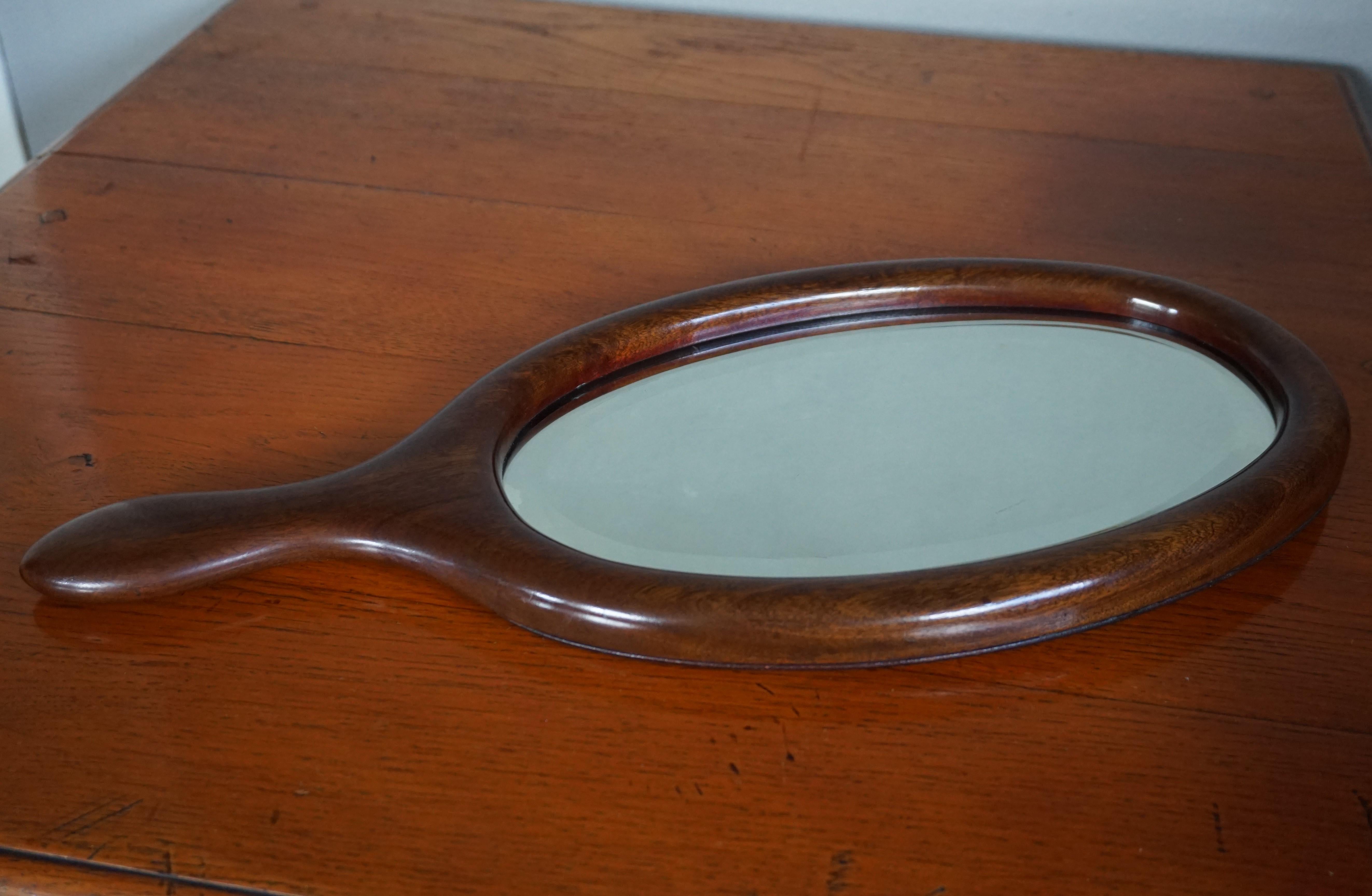 Antique 19th Century Handcrafted Nutwood & Beveled Glass Hand or Vanity Mirror For Sale 5