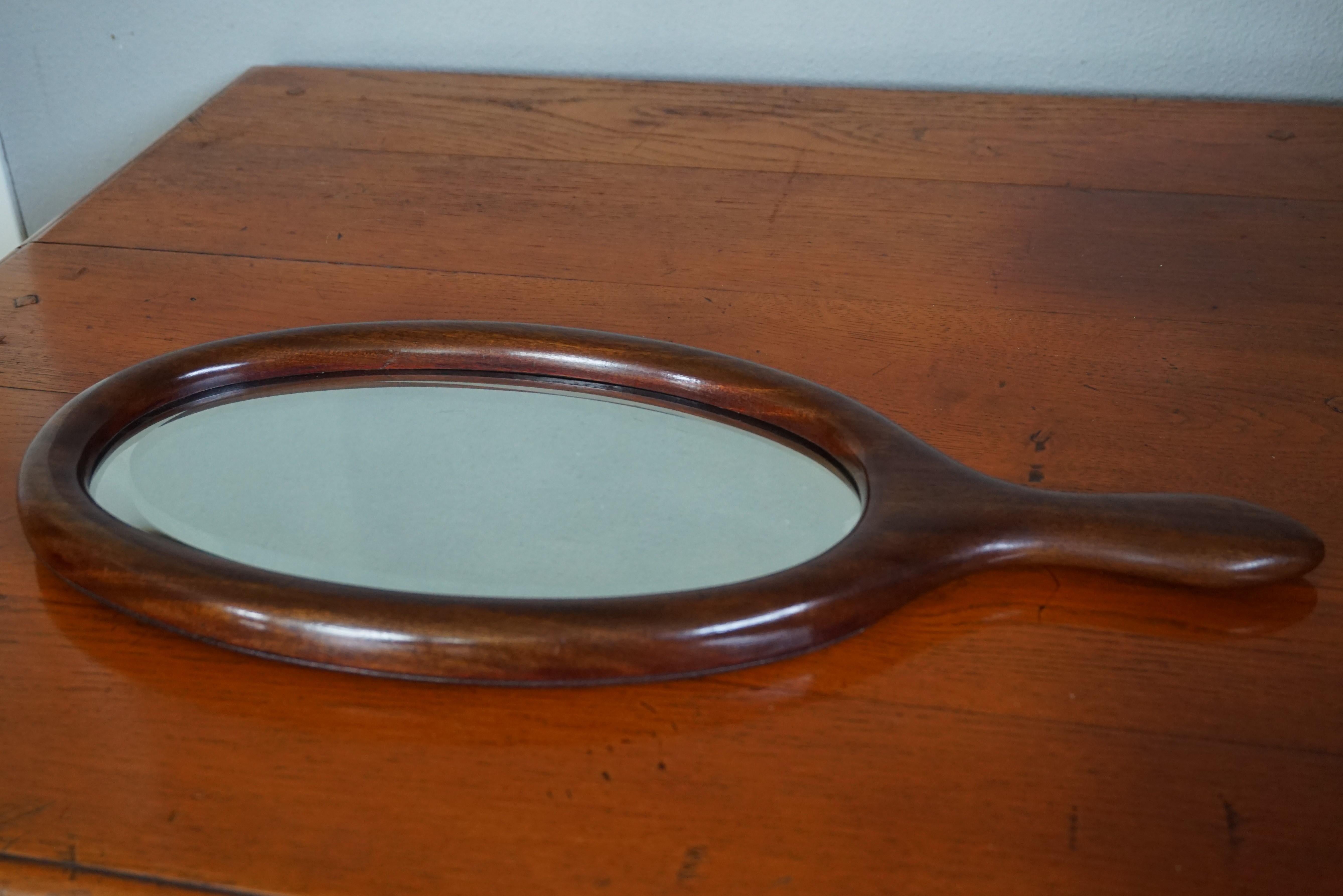 Biedermeier Antique 19th Century Handcrafted Nutwood & Beveled Glass Hand or Vanity Mirror For Sale
