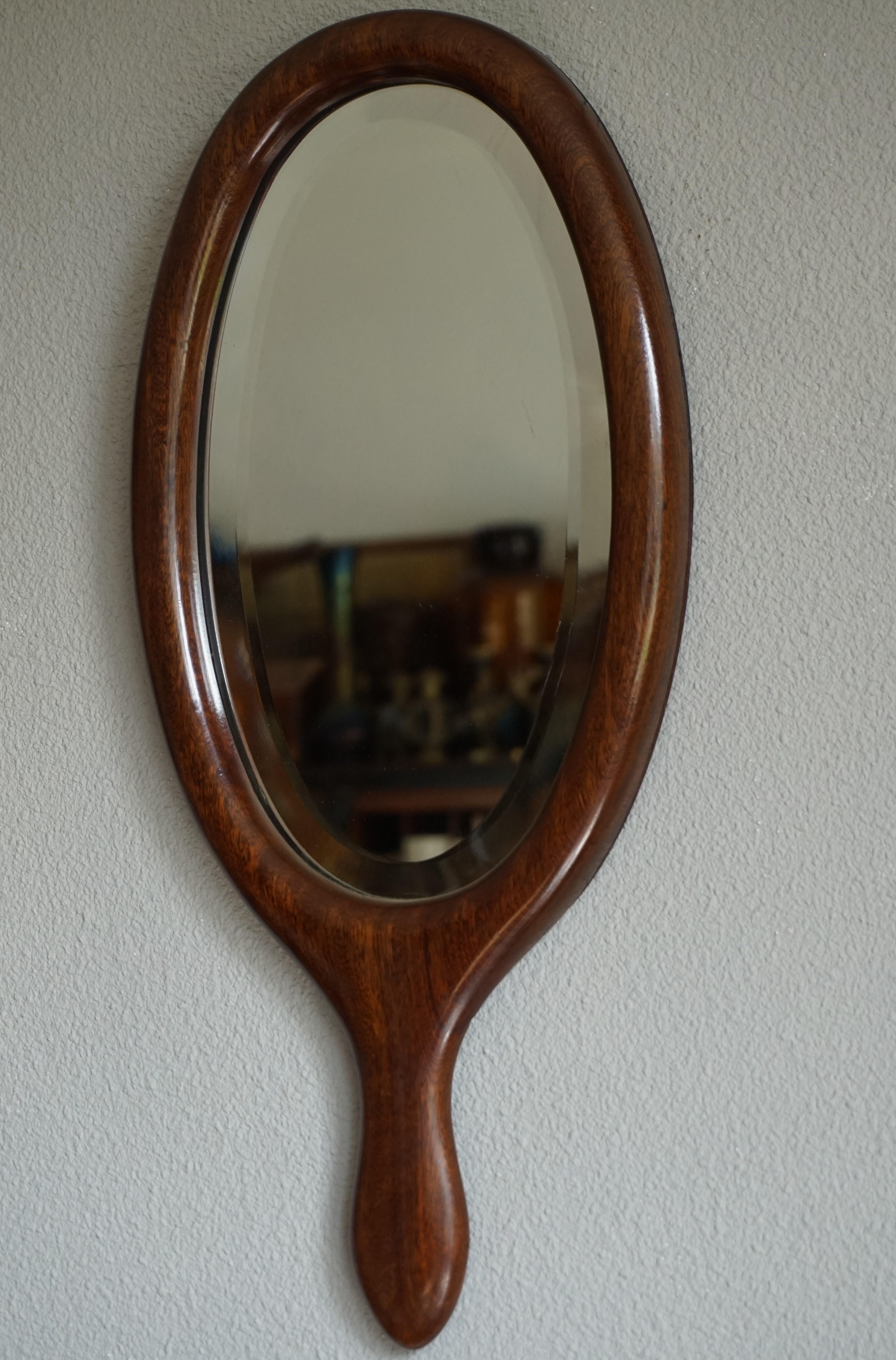 European Antique 19th Century Handcrafted Nutwood & Beveled Glass Hand or Vanity Mirror For Sale