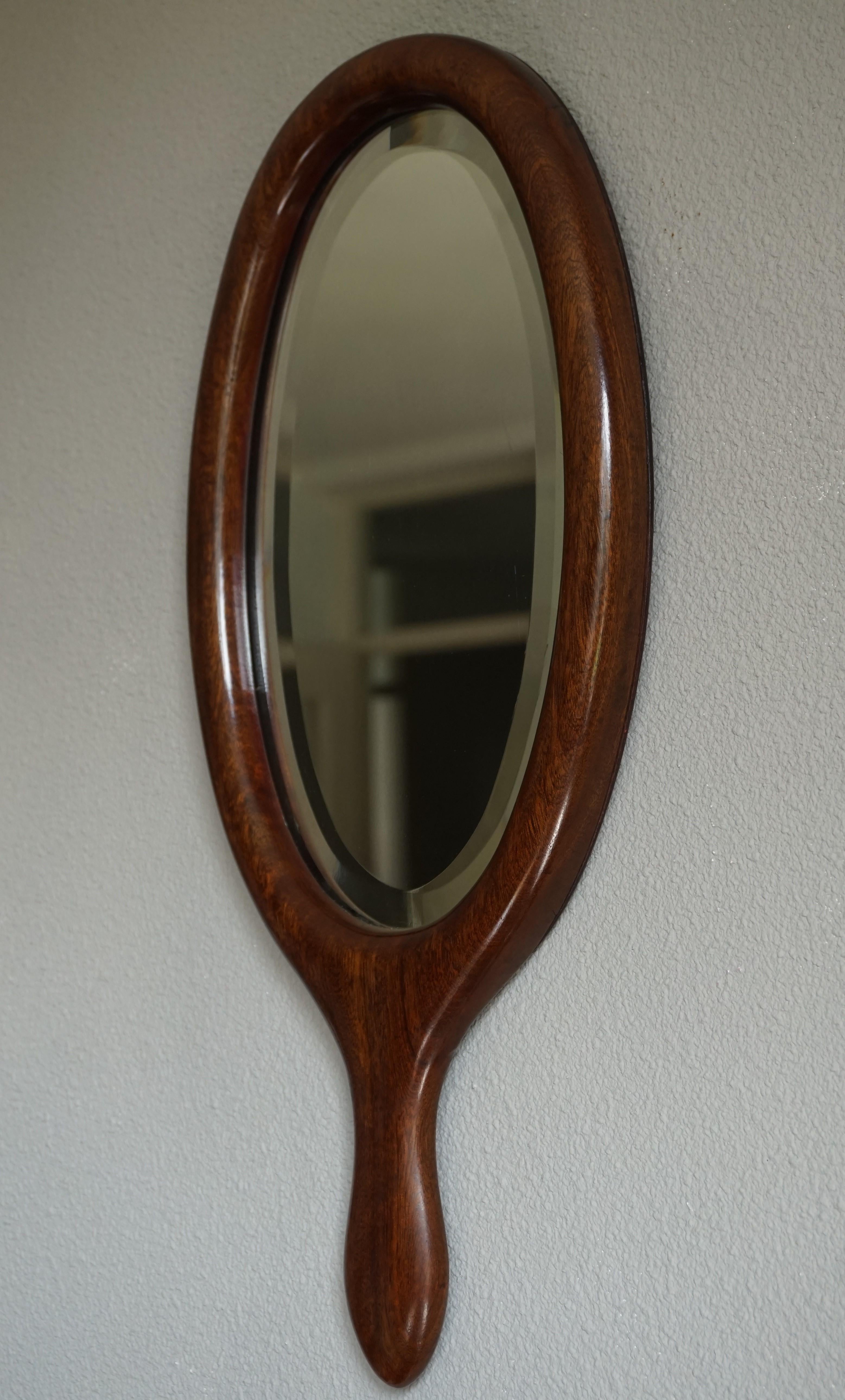 Antique 19th Century Handcrafted Nutwood & Beveled Glass Hand or Vanity Mirror For Sale 2