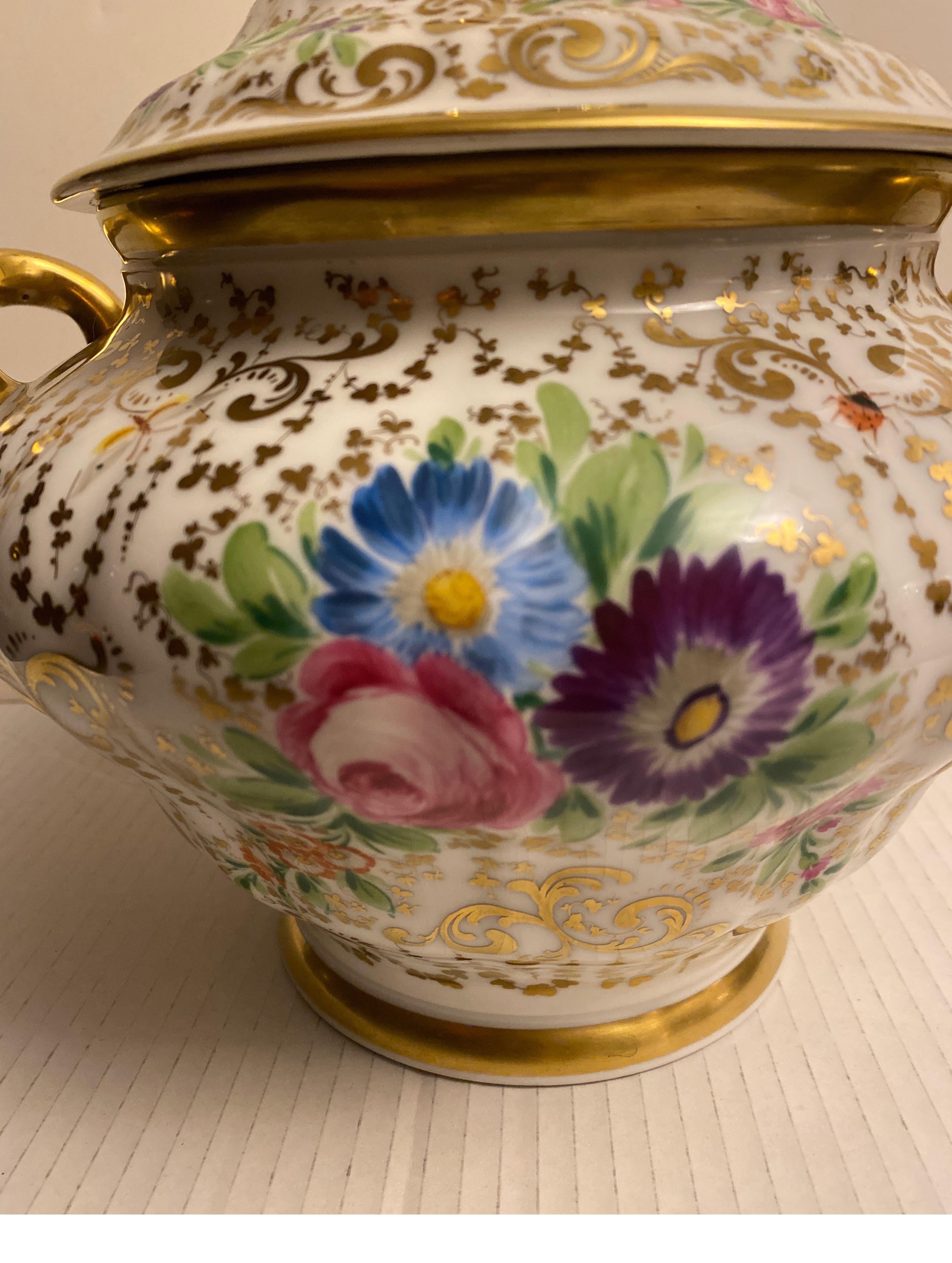 Victorian Antique 19th Century Hand Painted and Gilt Porcelain Covered Center Bowl, Tureen For Sale