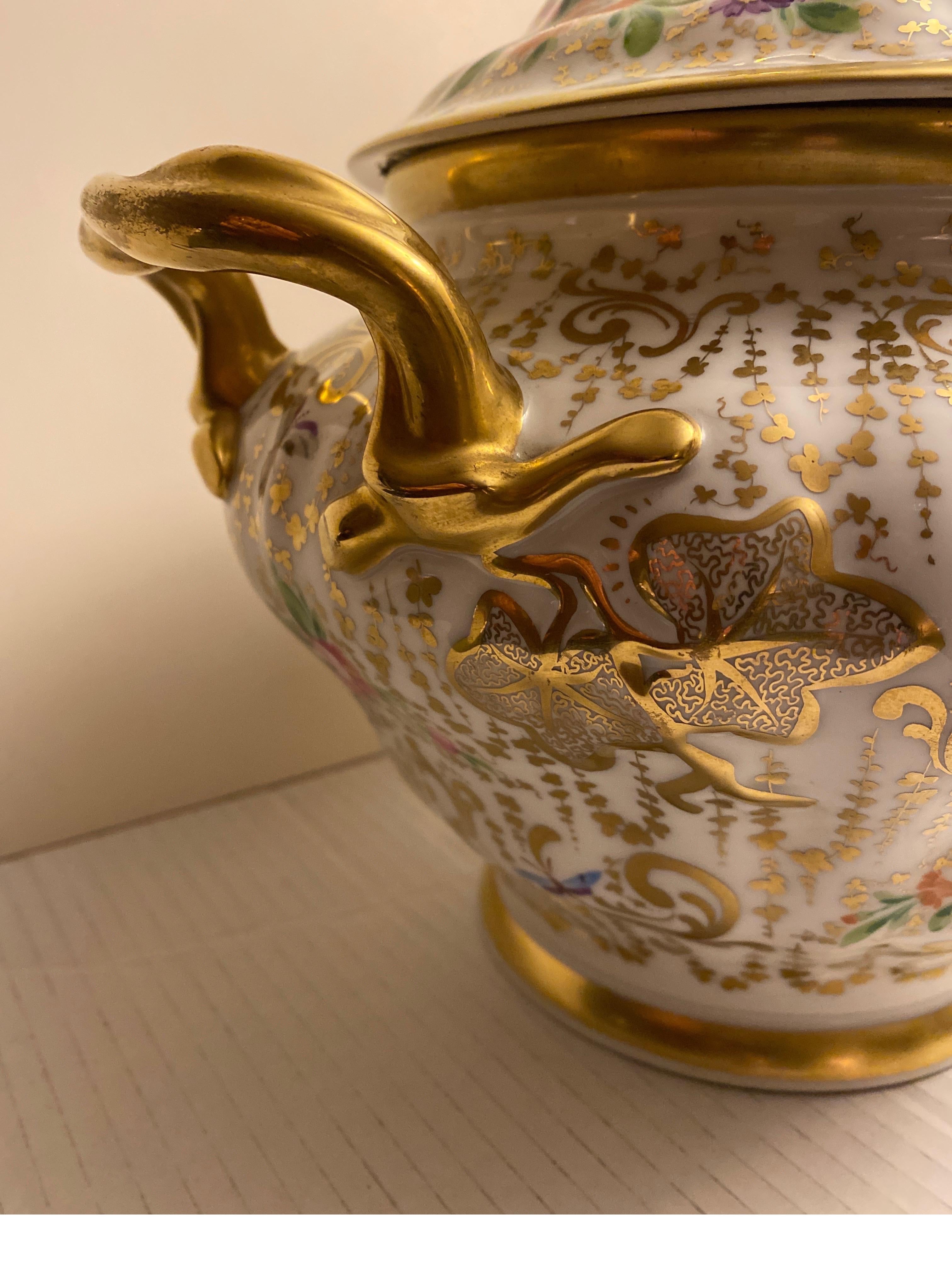 Antique 19th Century Hand Painted and Gilt Porcelain Covered Center Bowl, Tureen In Excellent Condition For Sale In Lambertville, NJ