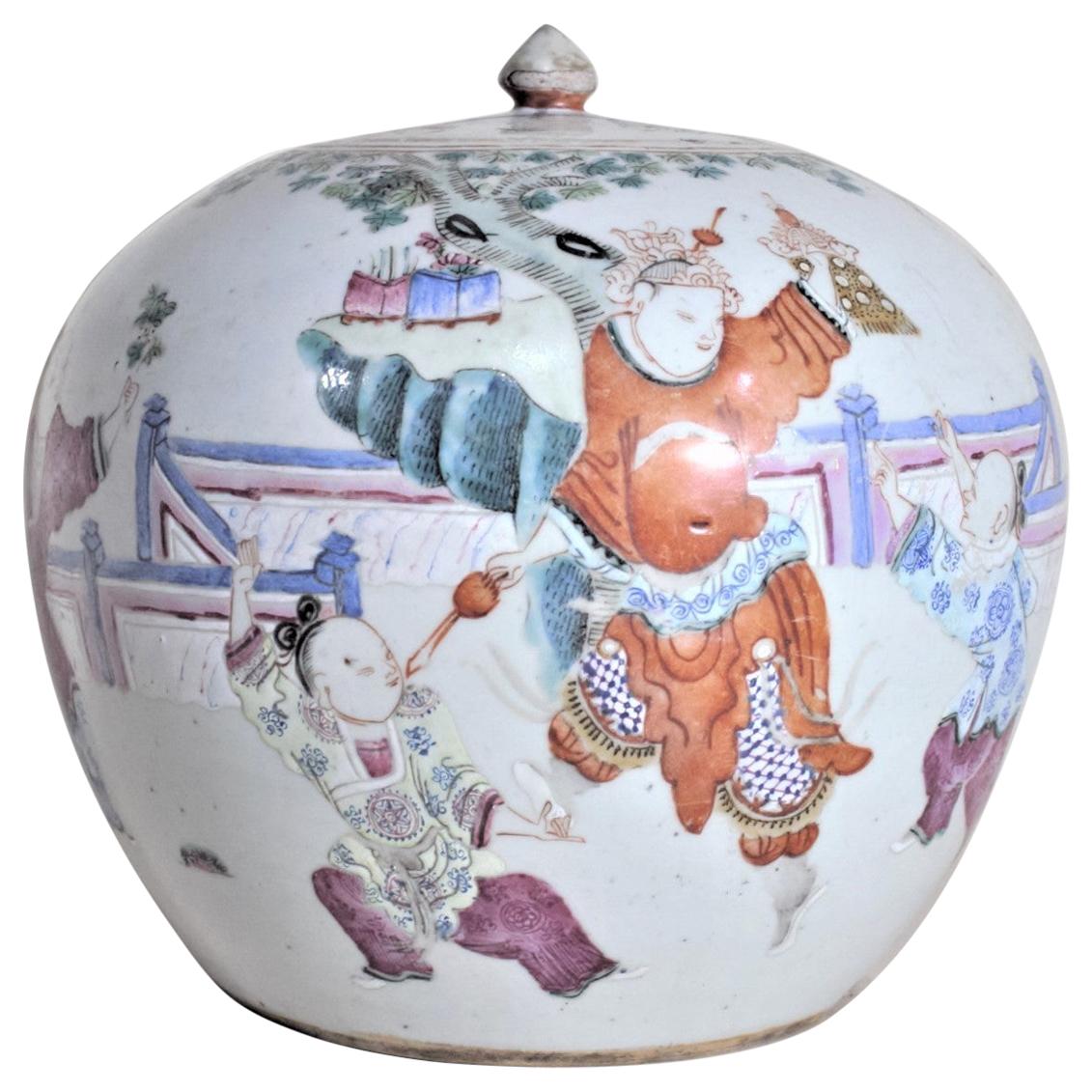 Antique 19th Century Hand Painted Chinese Porcelain Lidded Jar For Sale