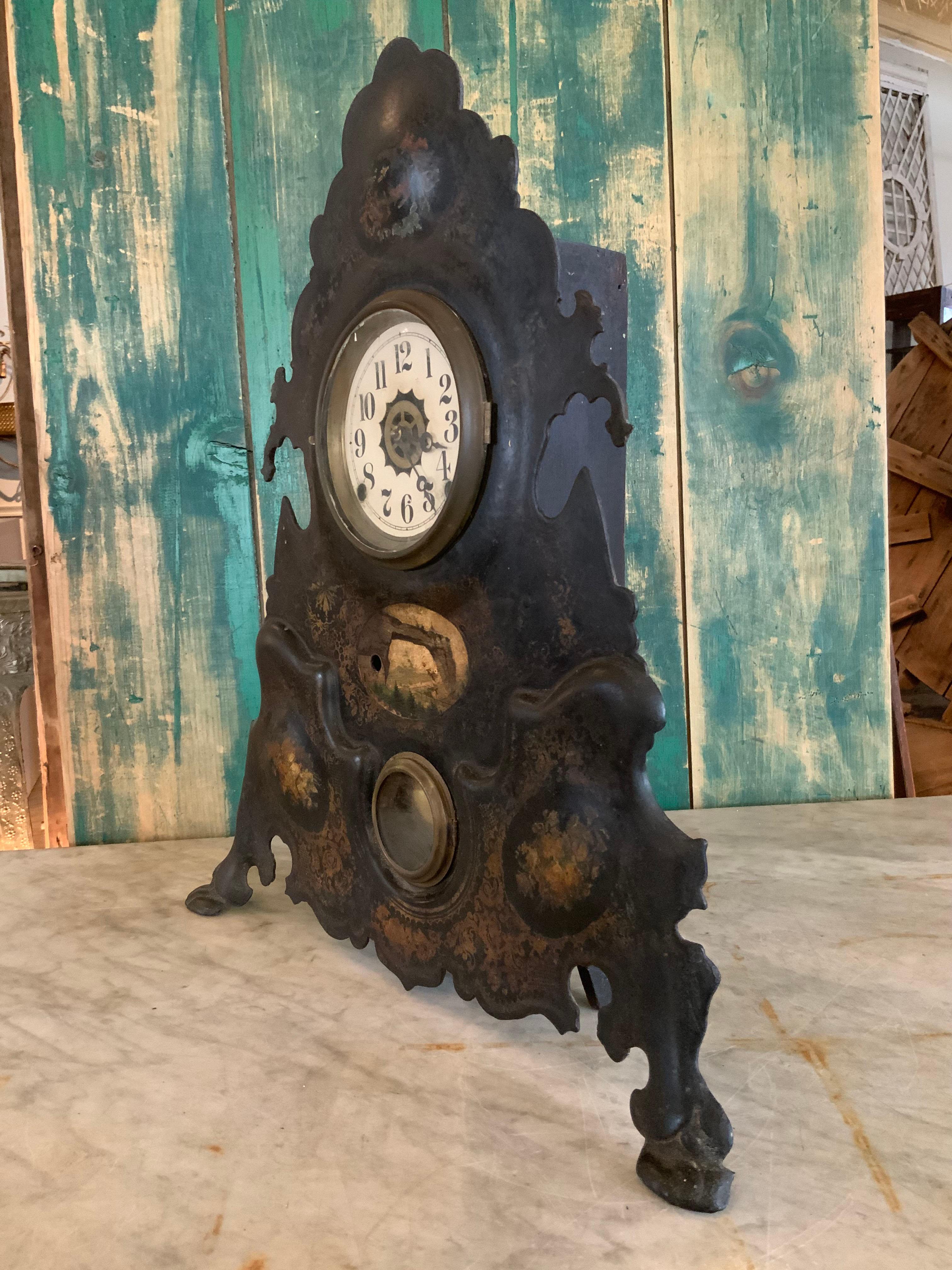 Antique 19th Century Hand Painted Iron Mantel Clock In Good Condition For Sale In Hudson, NY