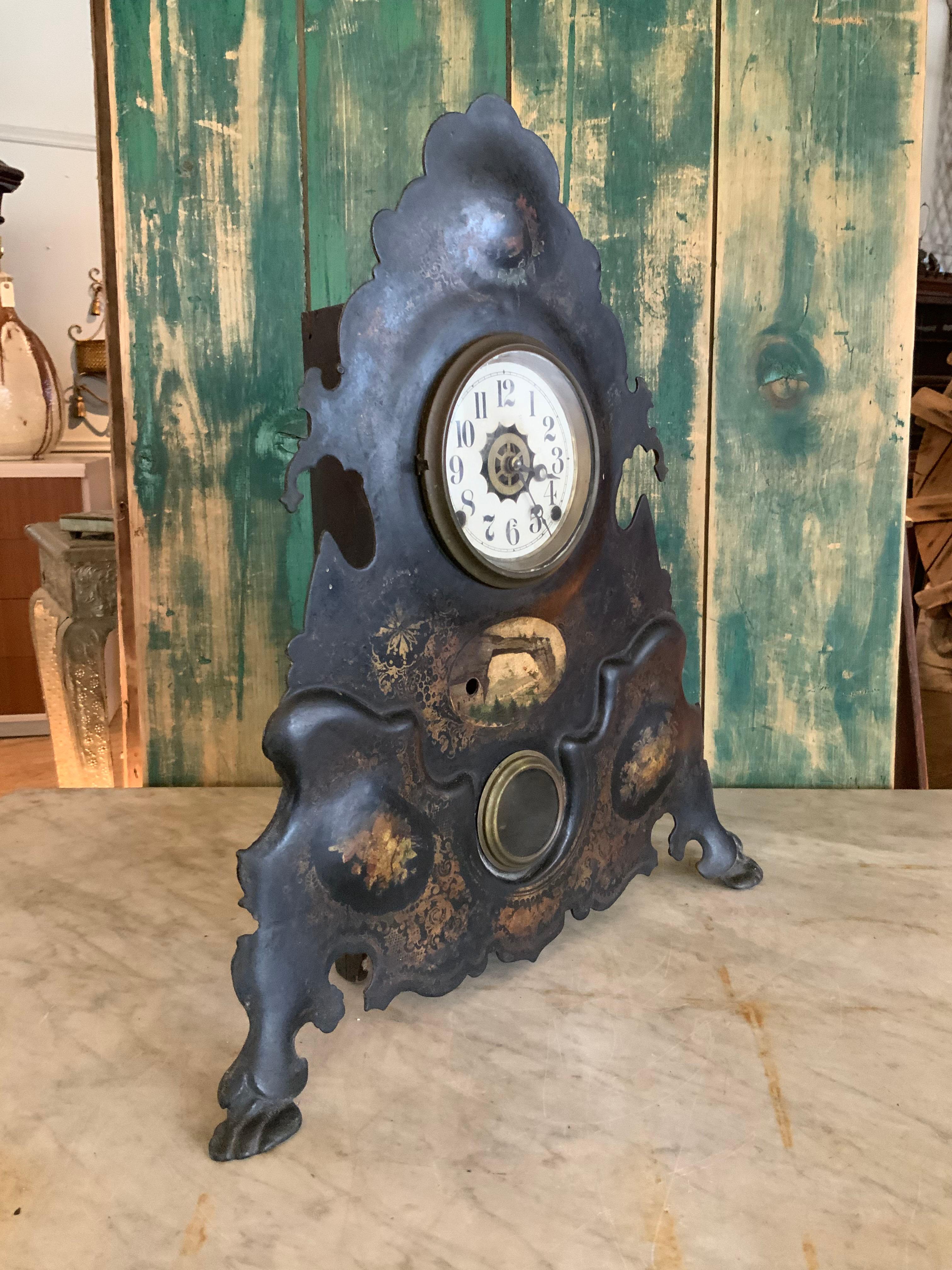 Antique 19th Century Hand Painted Iron Mantel Clock For Sale 2