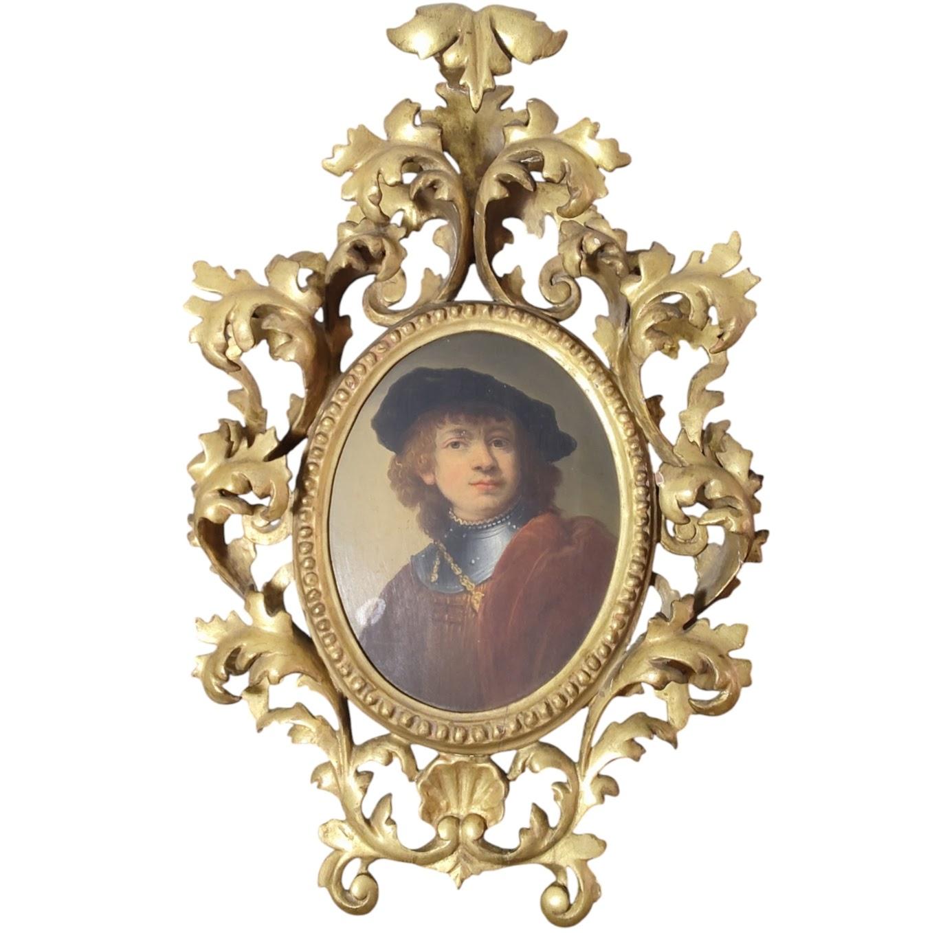 Autorretrato antiguo pintado a mano del siglo XIX, marco de madera Rococó en venta