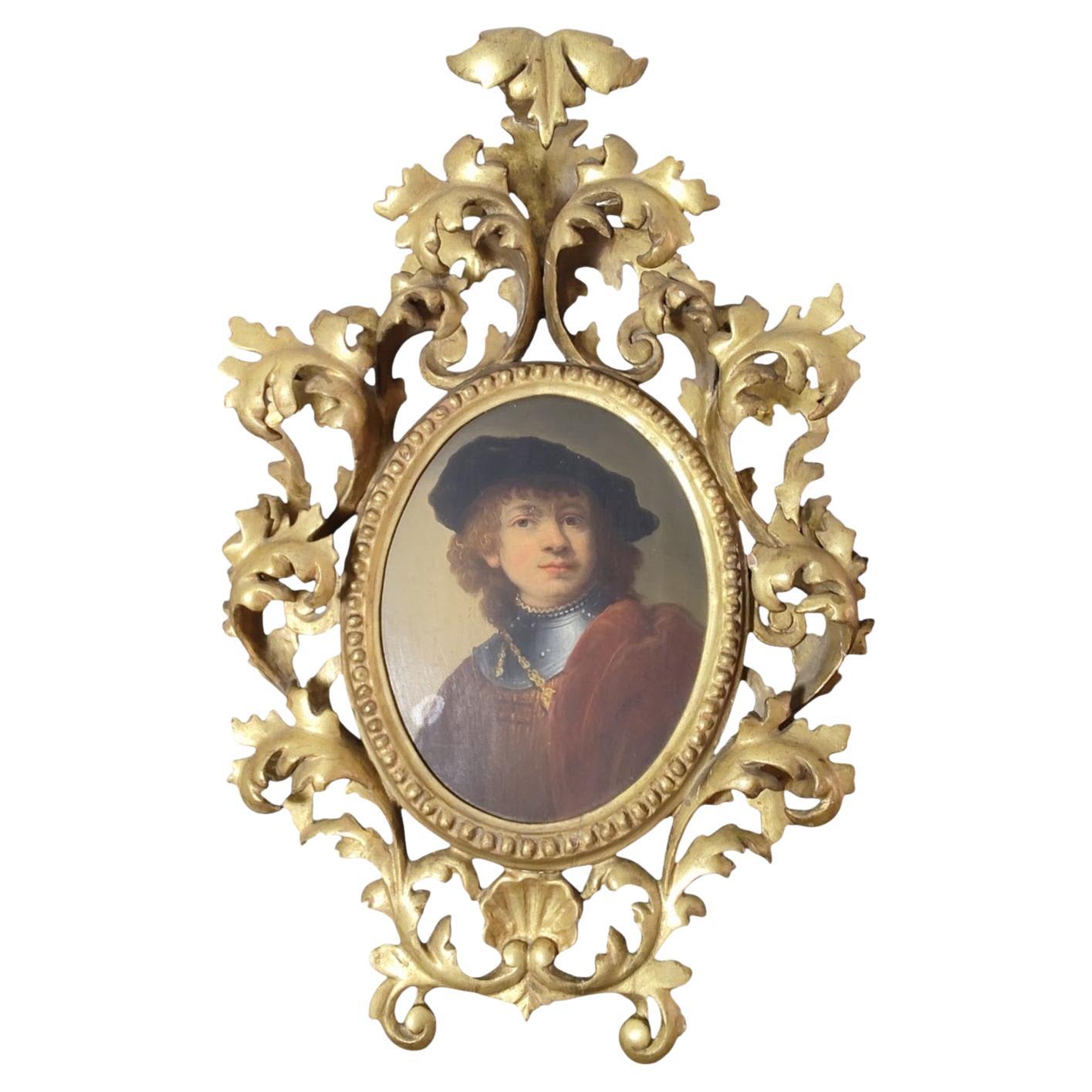 Autorretrato antiguo pintado a mano del siglo XIX, marco de madera en venta