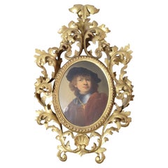 Antique 19th century hand painted self-portrait, wooden frame