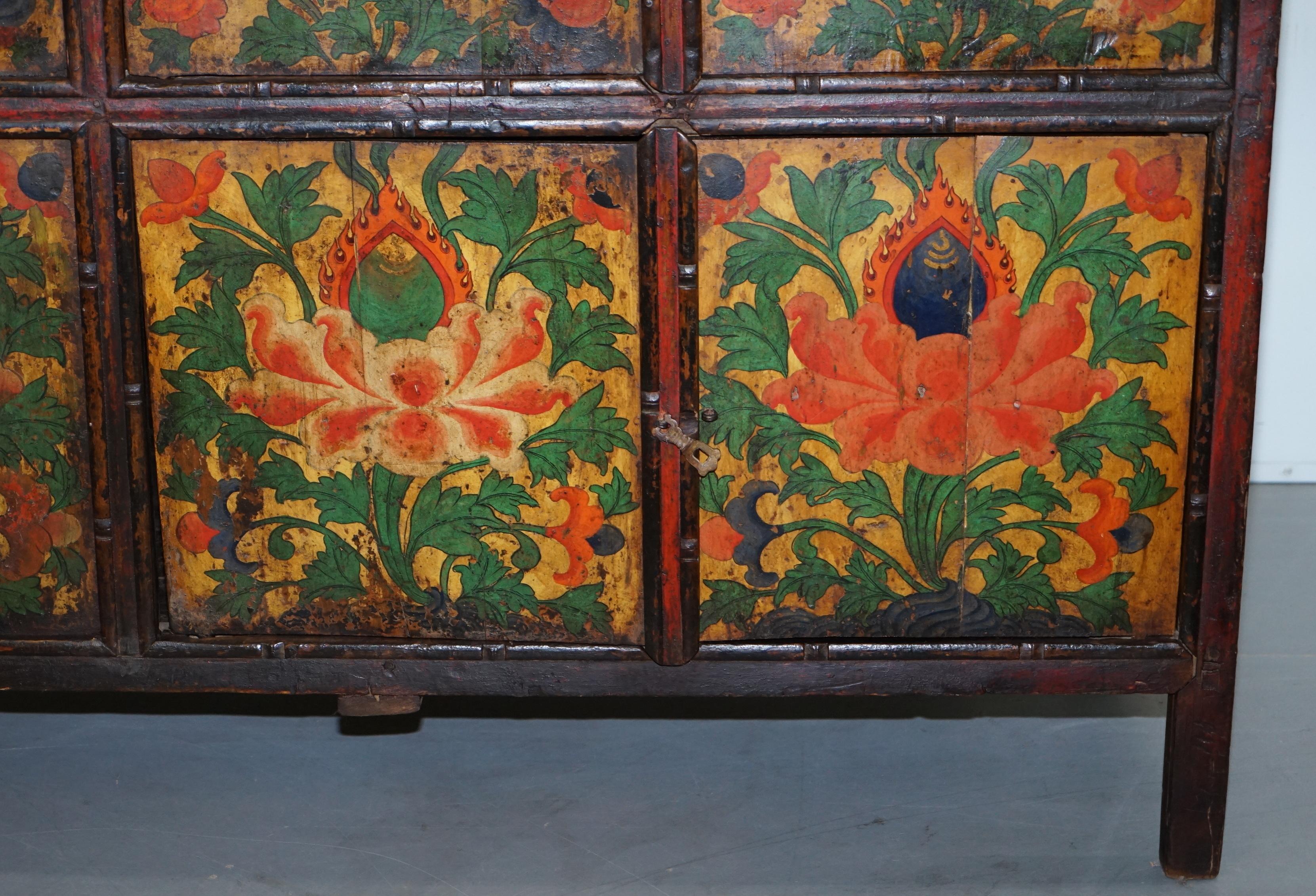 Antique 19th Century Hand Painted Tibetan Alter Cabinet Hand Carved Cedar Wood 4