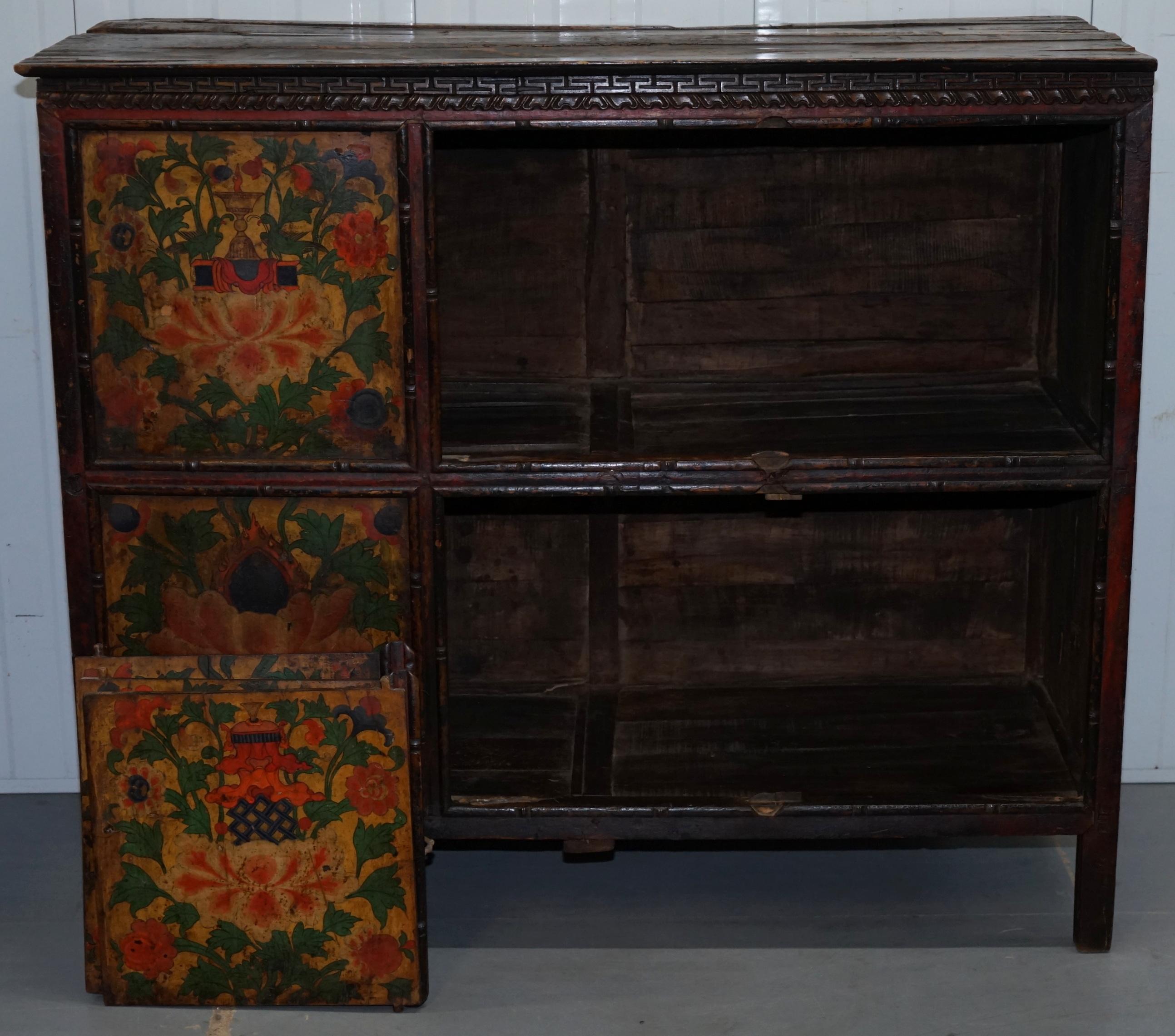 Antique 19th Century Hand Painted Tibetan Alter Cabinet Hand Carved Cedar Wood 8