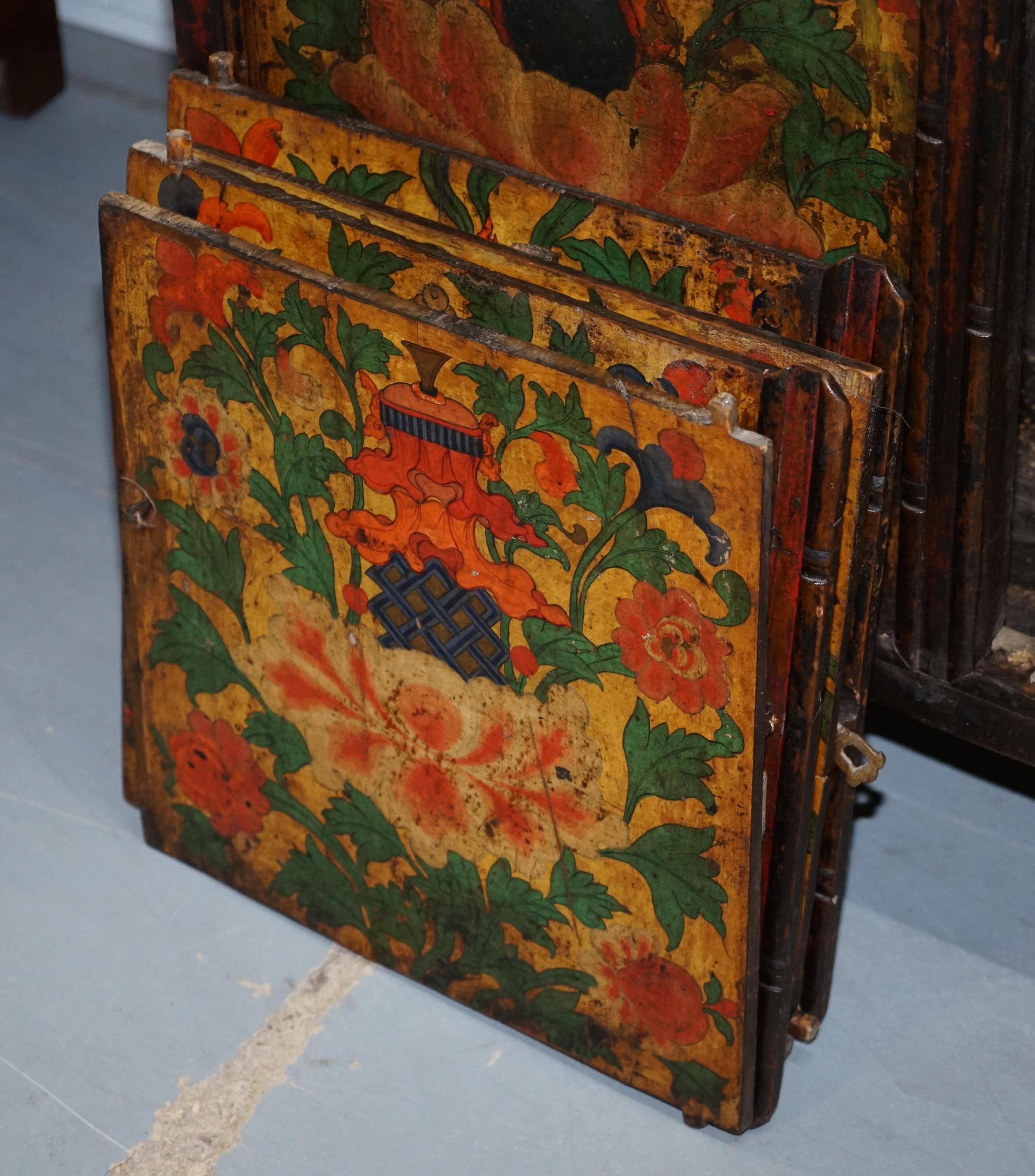 Antique 19th Century Hand Painted Tibetan Alter Cabinet Hand Carved Cedar Wood 9