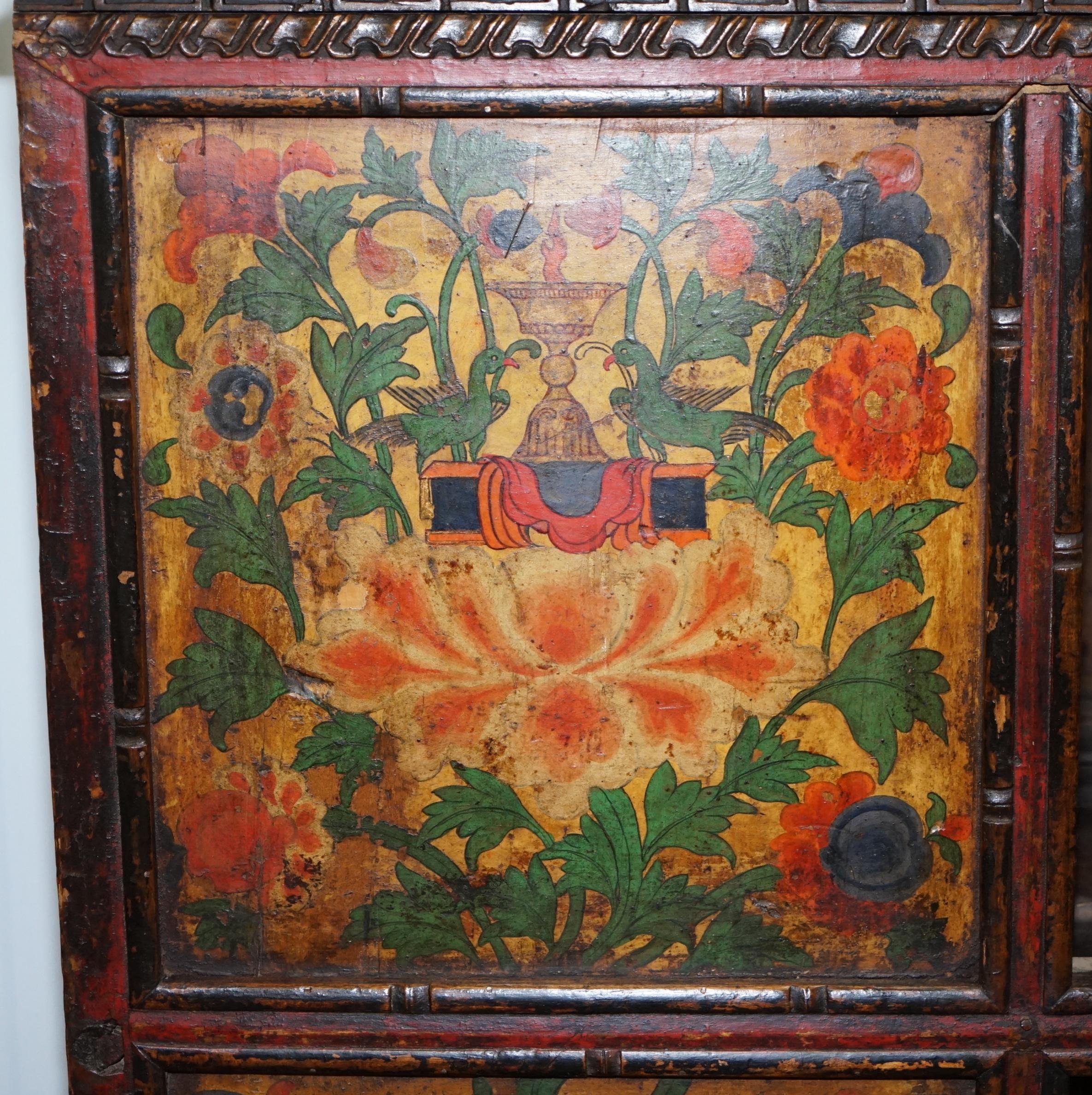 Antique 19th Century Hand Painted Tibetan Alter Cabinet Hand Carved Cedar Wood 13
