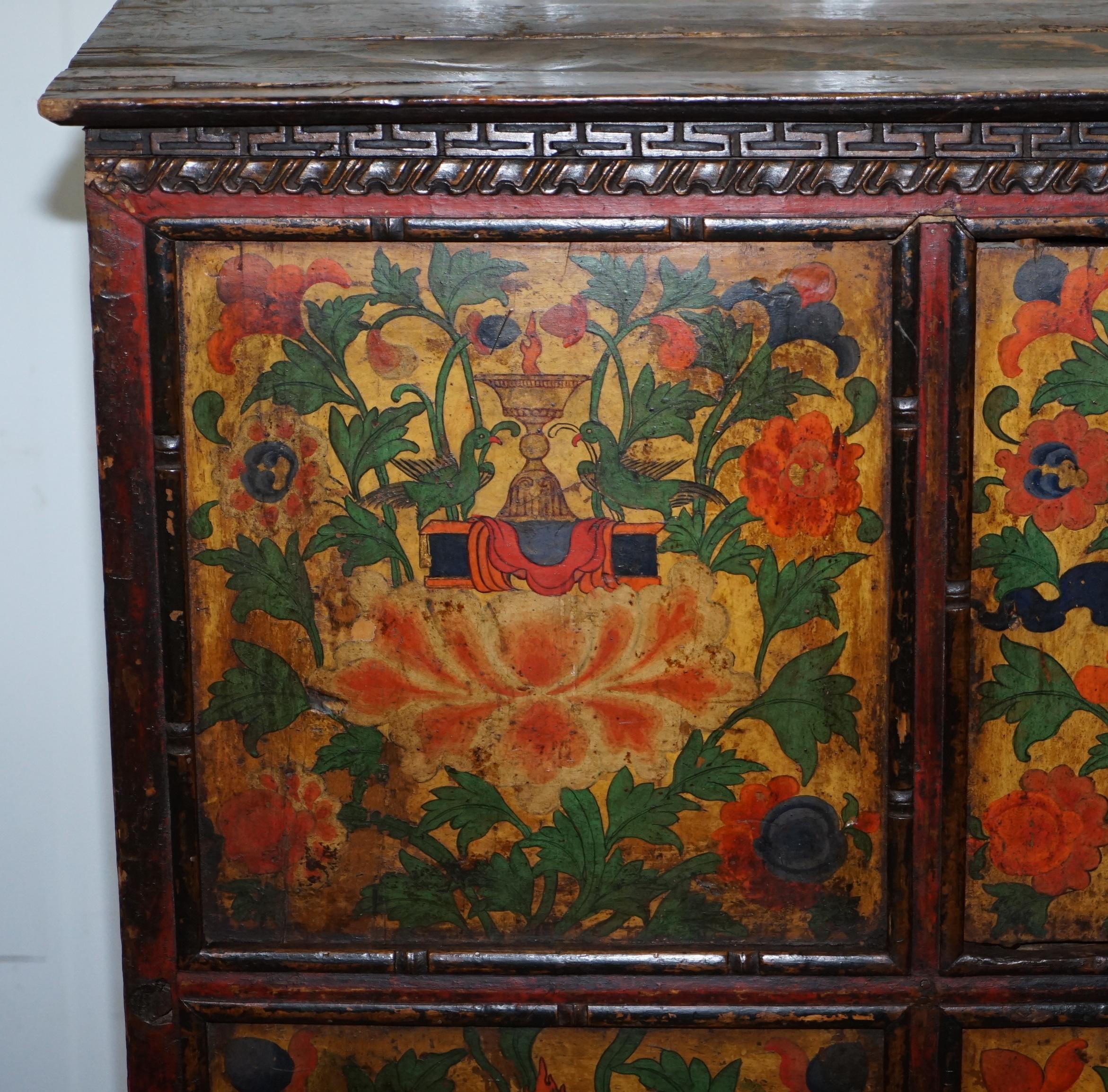 Antique 19th Century Hand Painted Tibetan Alter Cabinet Hand Carved Cedar Wood 1