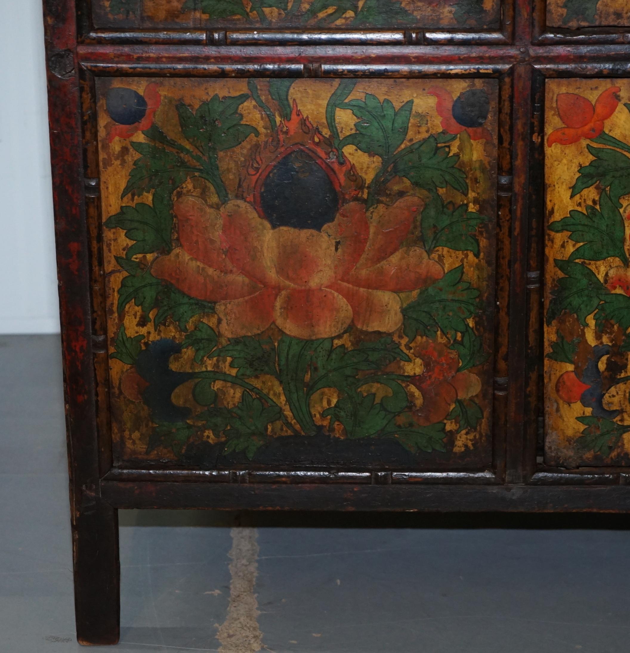 Antique 19th Century Hand Painted Tibetan Alter Cabinet Hand Carved Cedar Wood 3
